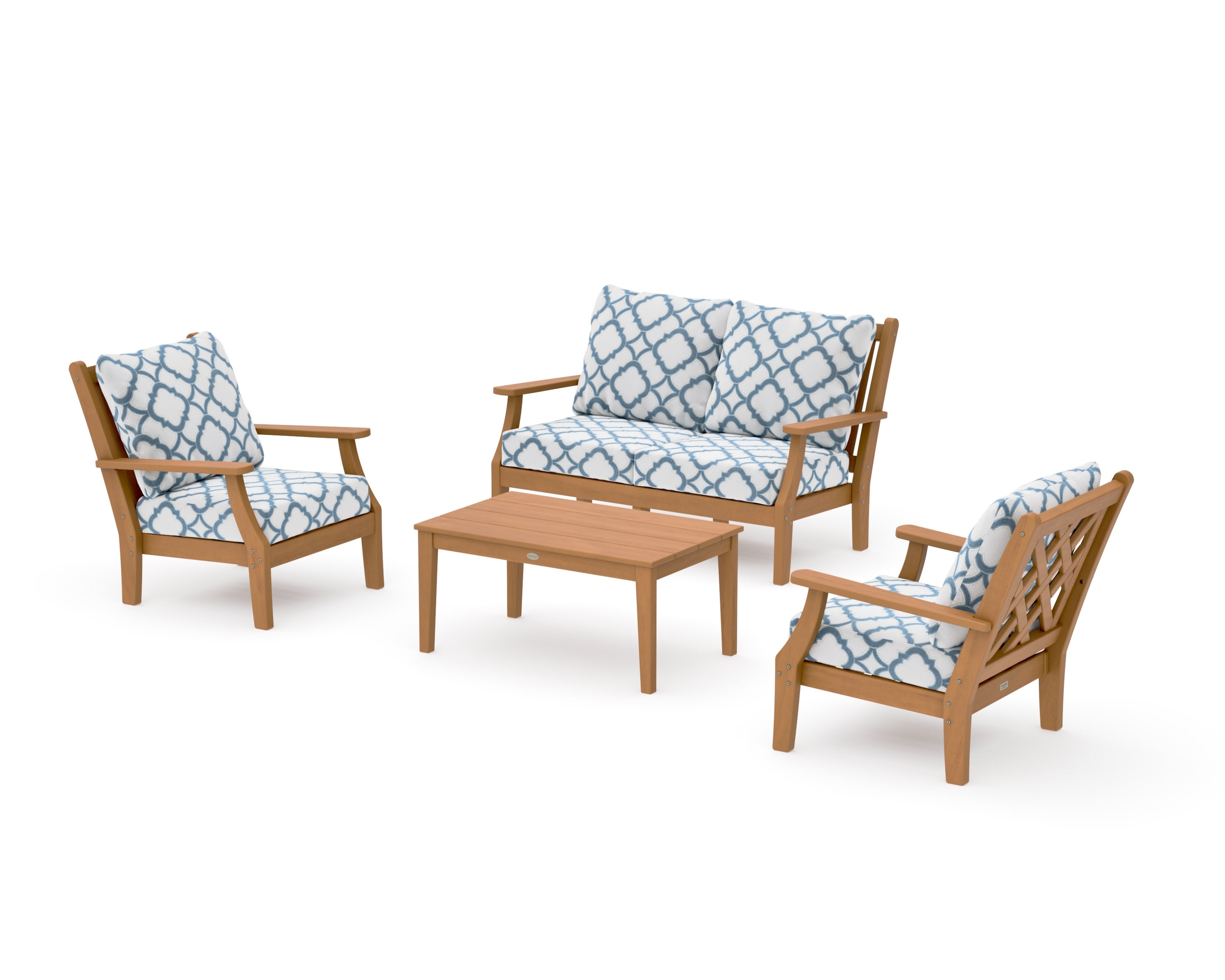 Wovendale 4-Piece Deep Seating Set with Loveseat in Natural / Trellis Sky Blue