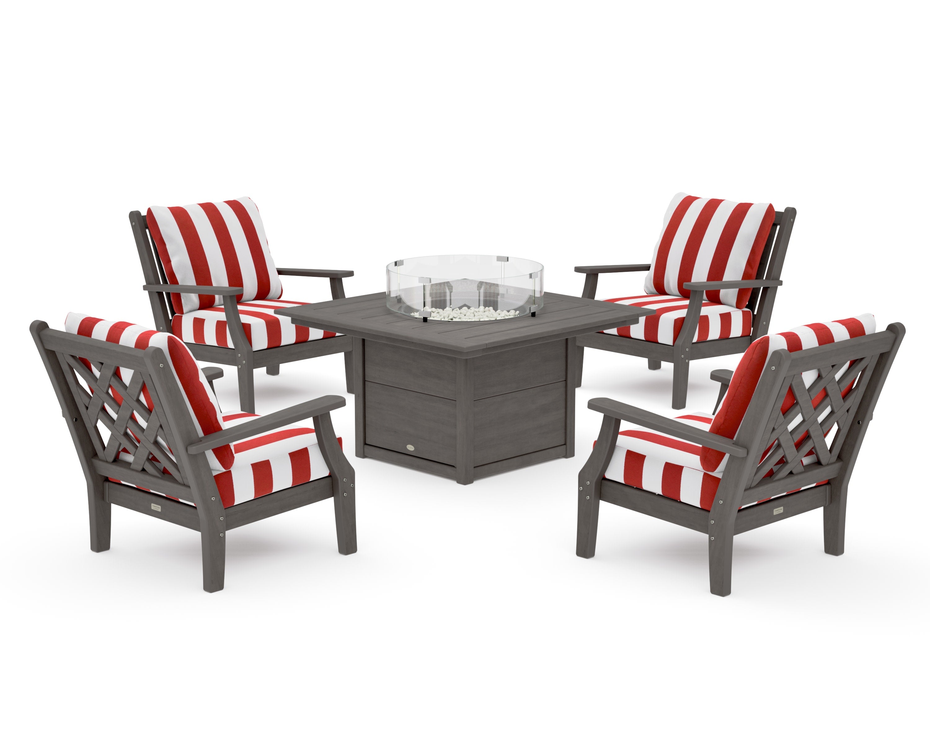 Wovendale 5-Piece Deep Seating Set with Fire Pit Table in Driftwood / Cabana Stripe Crimson