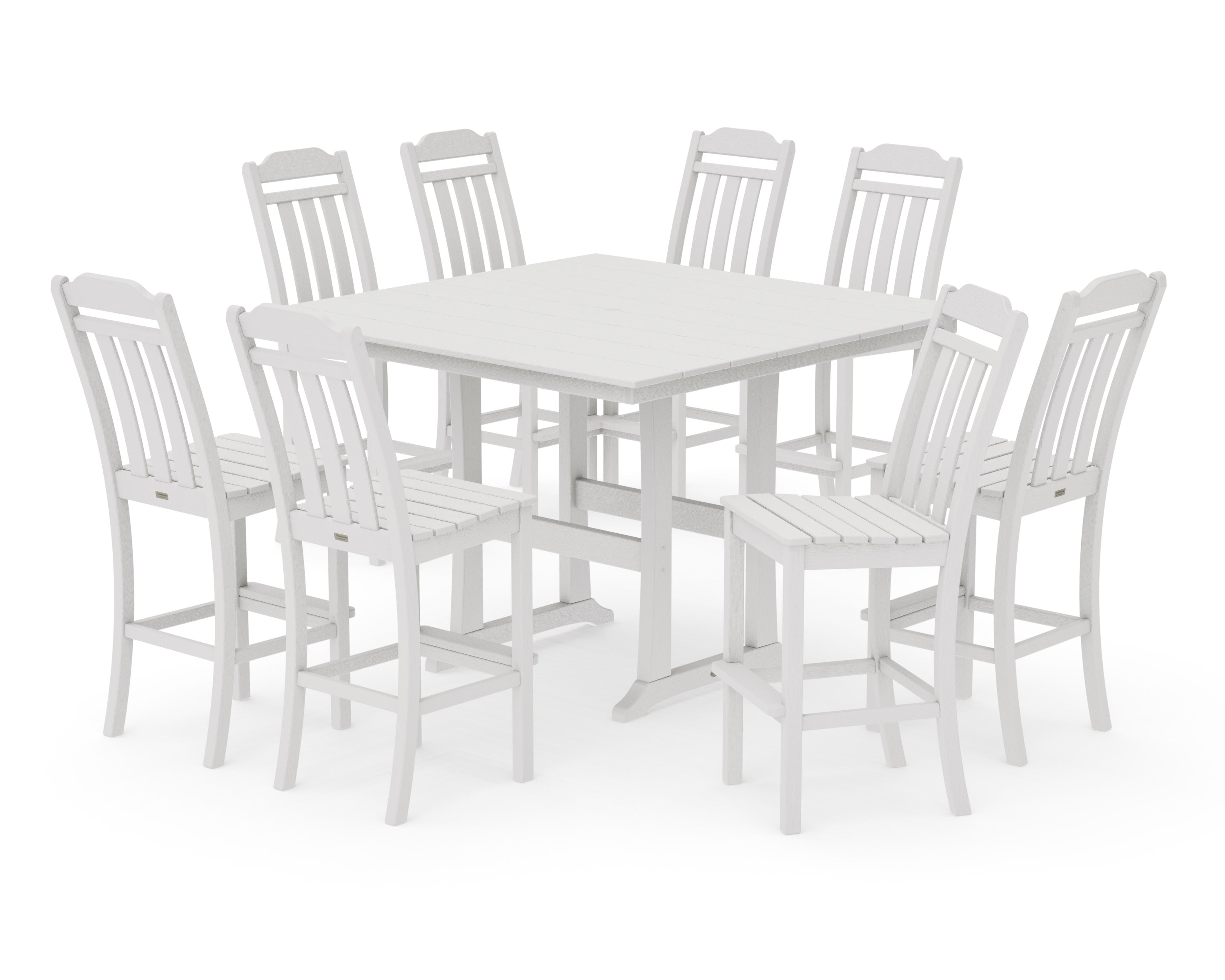 Cottage 9-Piece Square Farmhouse Side Chair Bar Set with Trestle Legs in Vintage White