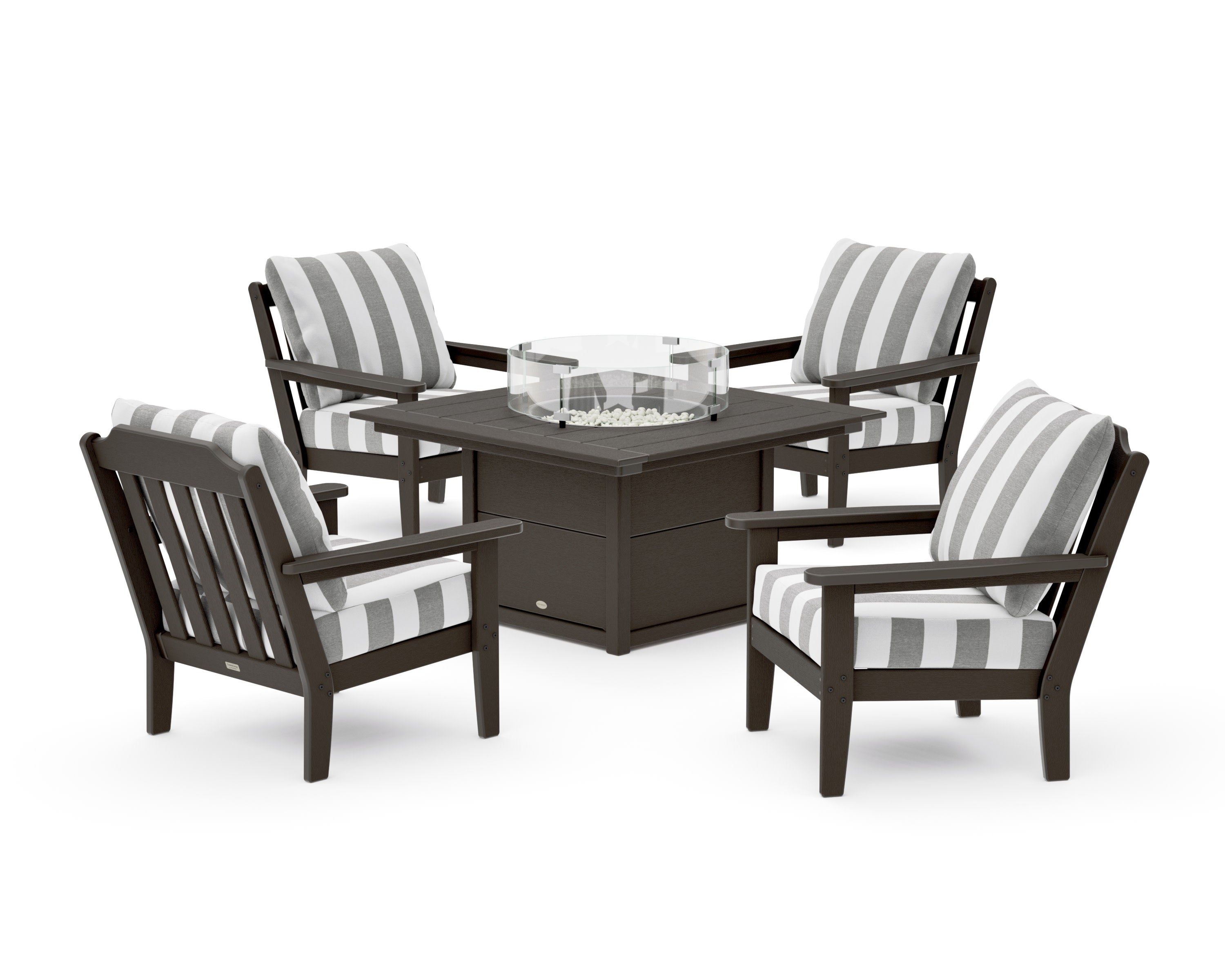 Cottage 5-Piece Deep Seating Set with Fire Pit Table in Vintage Coffee / Cabana Stripe Grey Mist