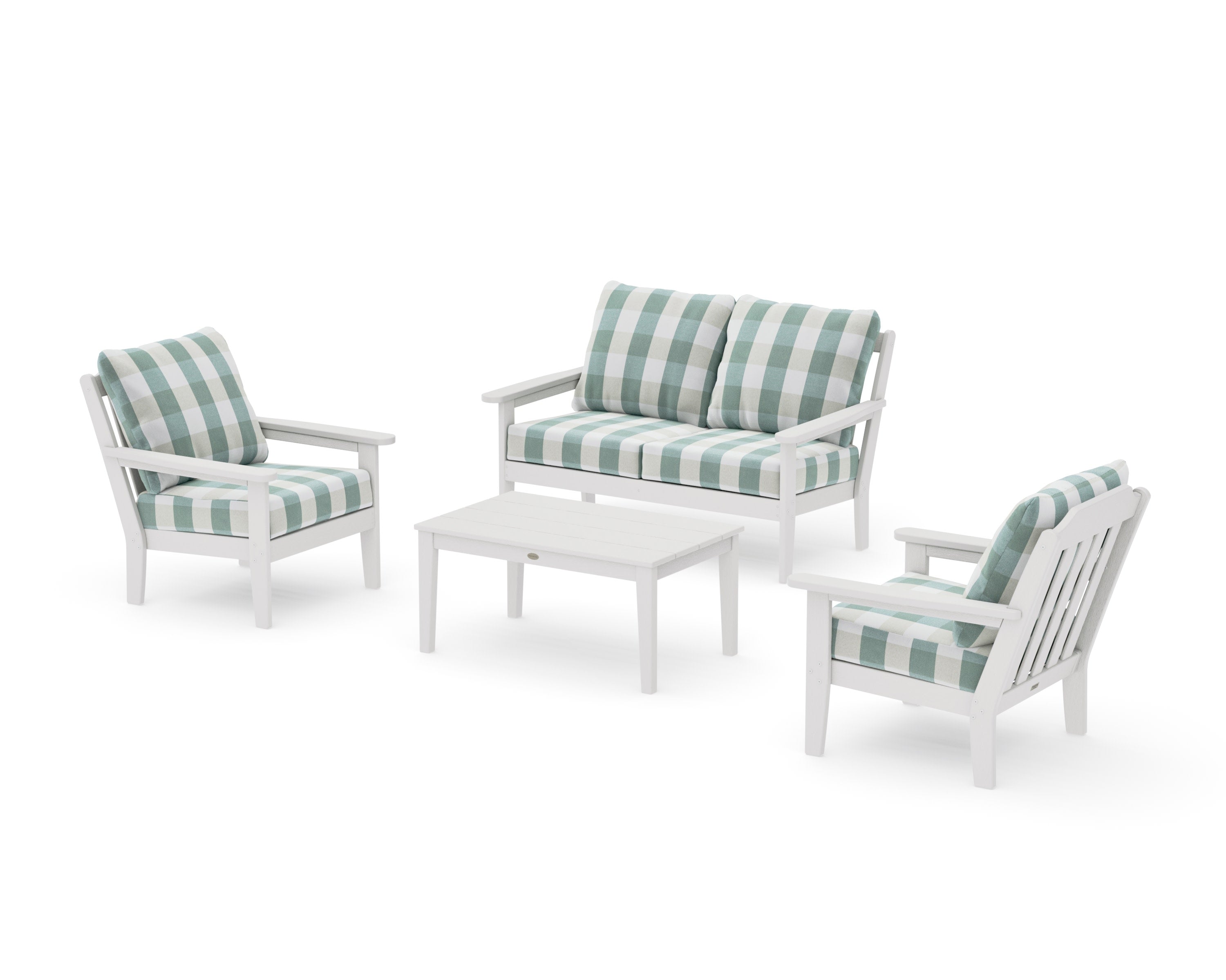 Cottage 4-Piece Deep Seating Set with Loveseat in Vintage White / Buffalo Plaid Glacier Spa