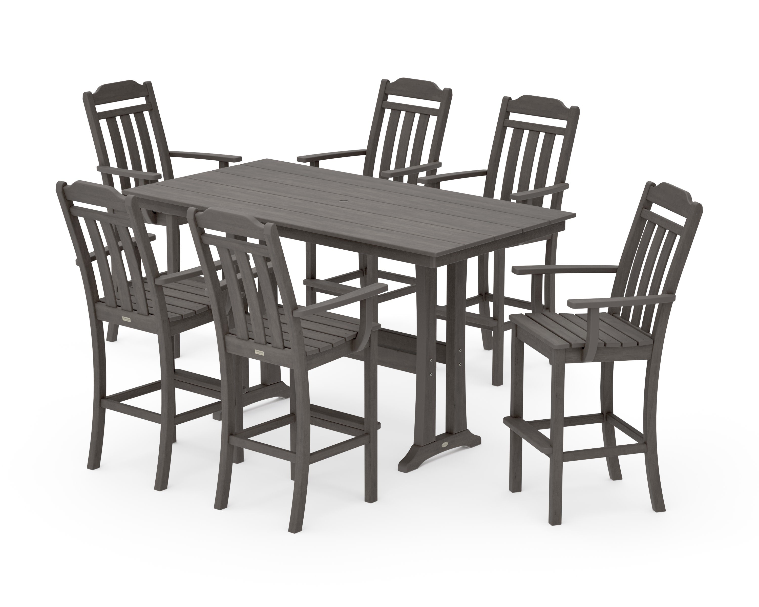 Cottage Arm Chair 7-Piece Farmhouse Bar Set with Trestle Legs in Driftwood
