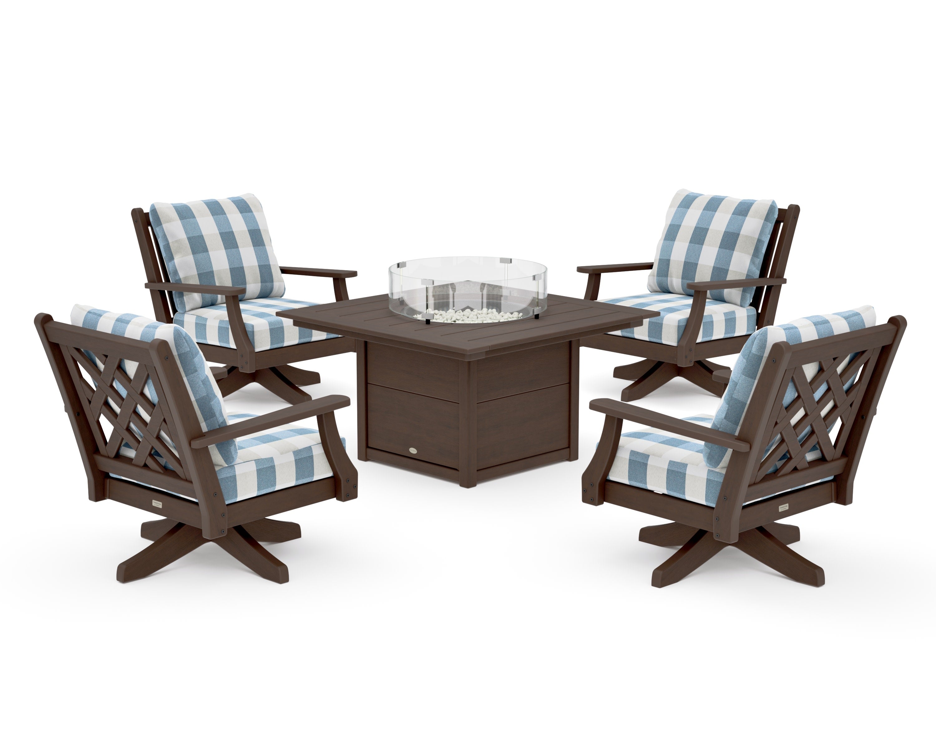 Wovendale 5-Piece Deep Seating Swivel Conversation Set with Fire Pit Table in Kona / Buffalo Plaid Sky Blue
