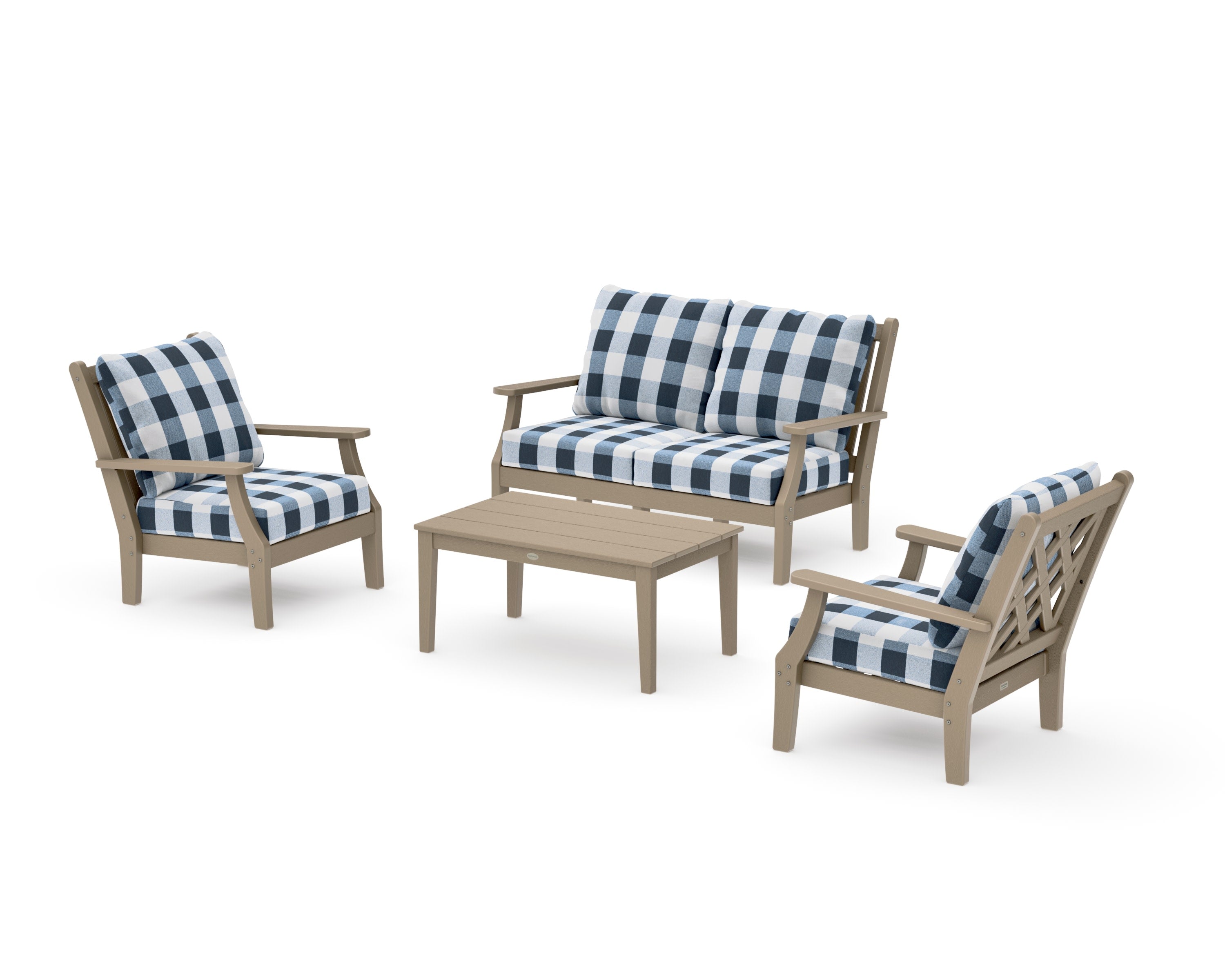 Wovendale 4-Piece Deep Seating Set with Loveseat in Vintage Sahara / Buffalo Plaid Marine Indigo