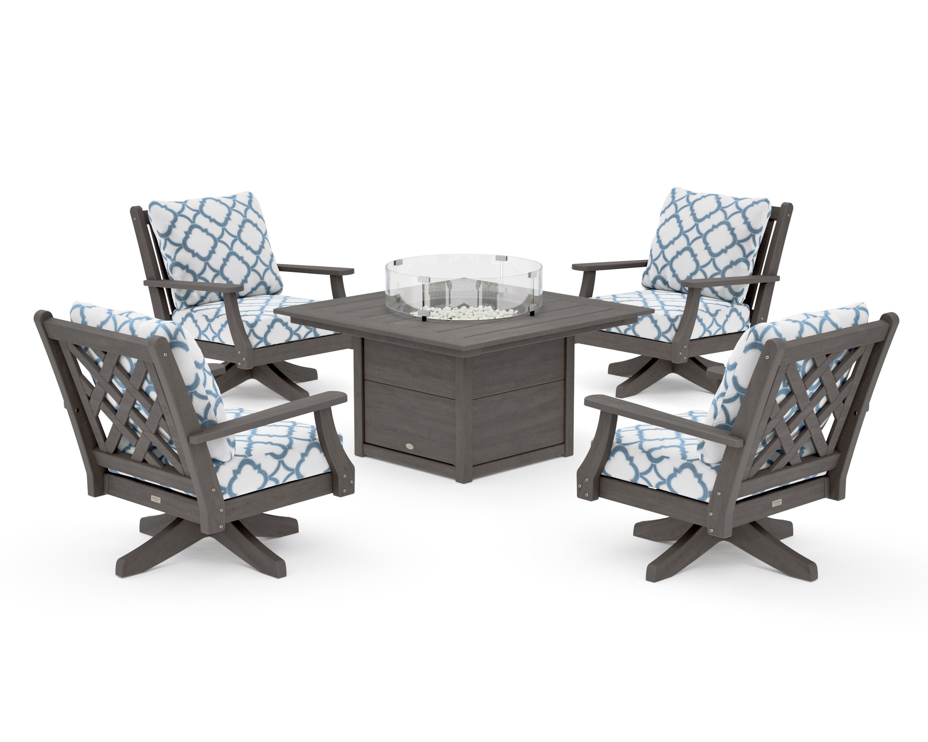 Wovendale 5-Piece Deep Seating Swivel Conversation Set with Fire Pit Table in Driftwood / Trellis Sky Blue