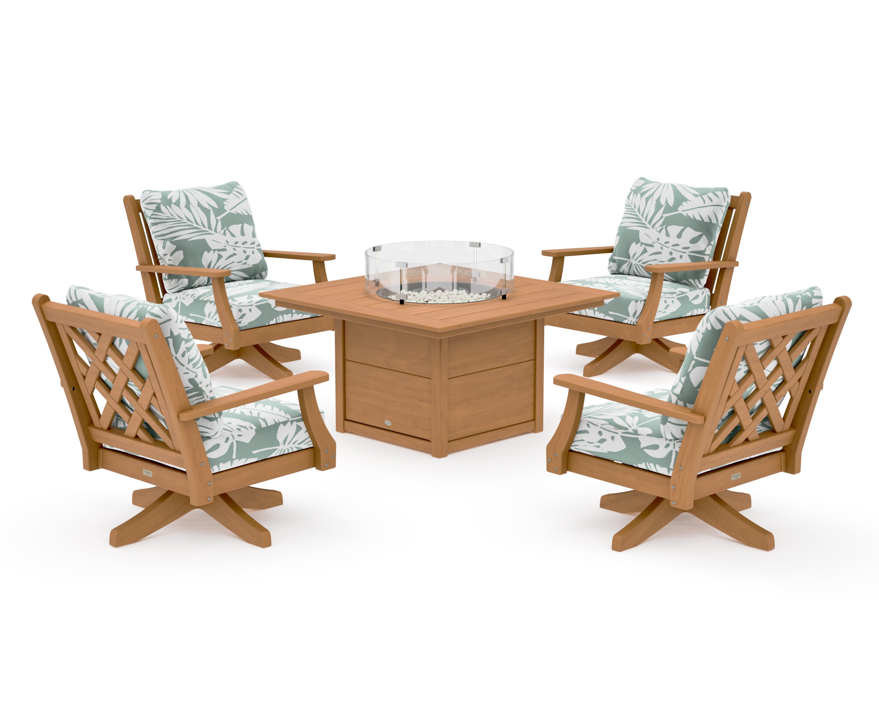 Wovendale 5-Piece Deep Seating Swivel Conversation Set with Fire Pit Table in Natural / Leaf Glacier Spa