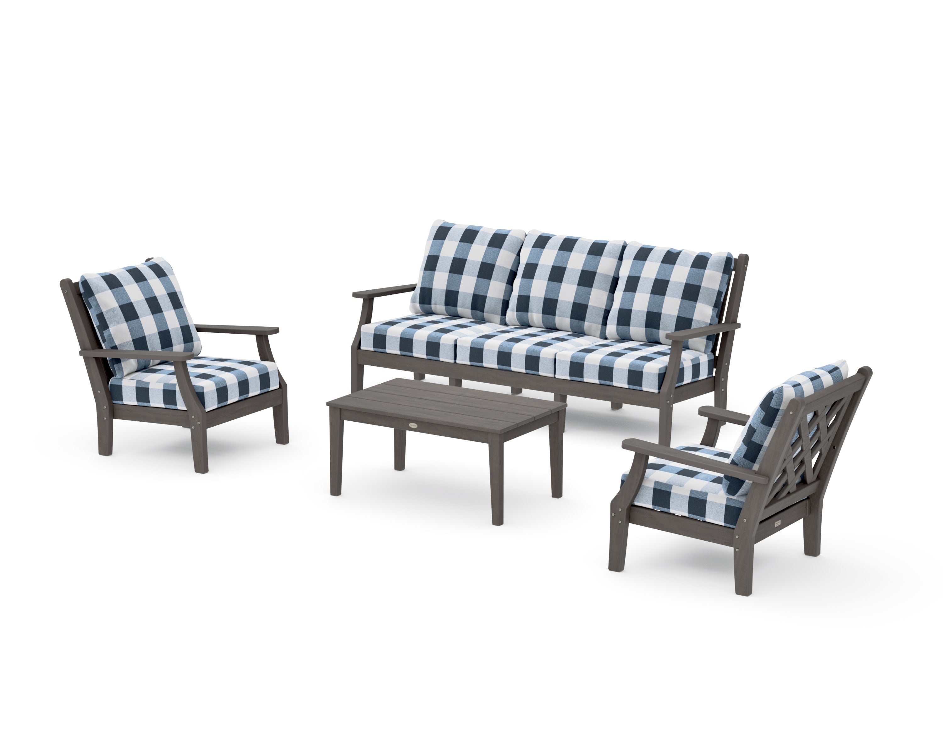 Wovendale 4-Piece Deep Seating Set with Sofa in Driftwood / Buffalo Plaid Marine Indigo