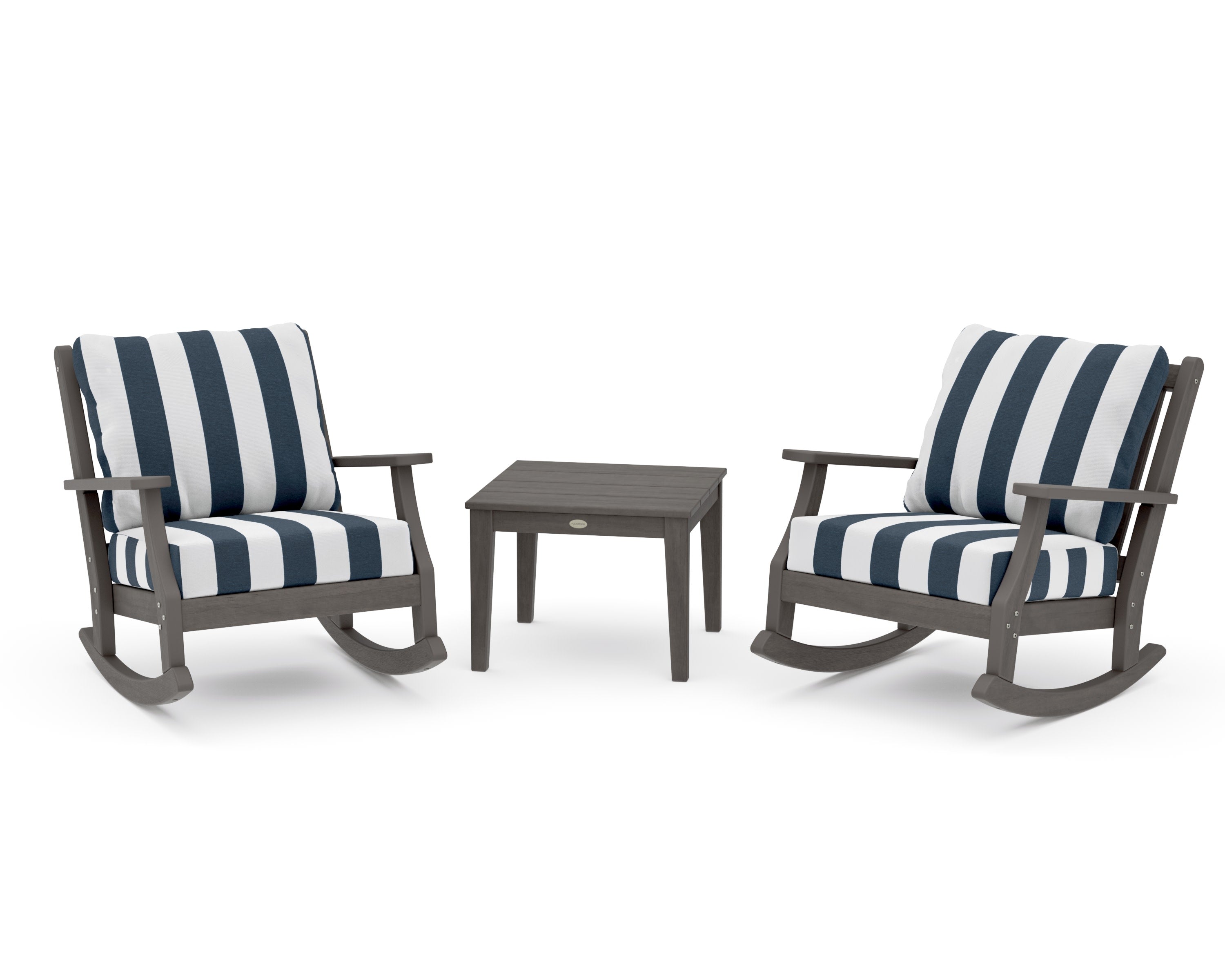 Wovendale 3-Piece Deep Seating Rocker Set in Driftwood / Cabana Stripe Marine Indigo