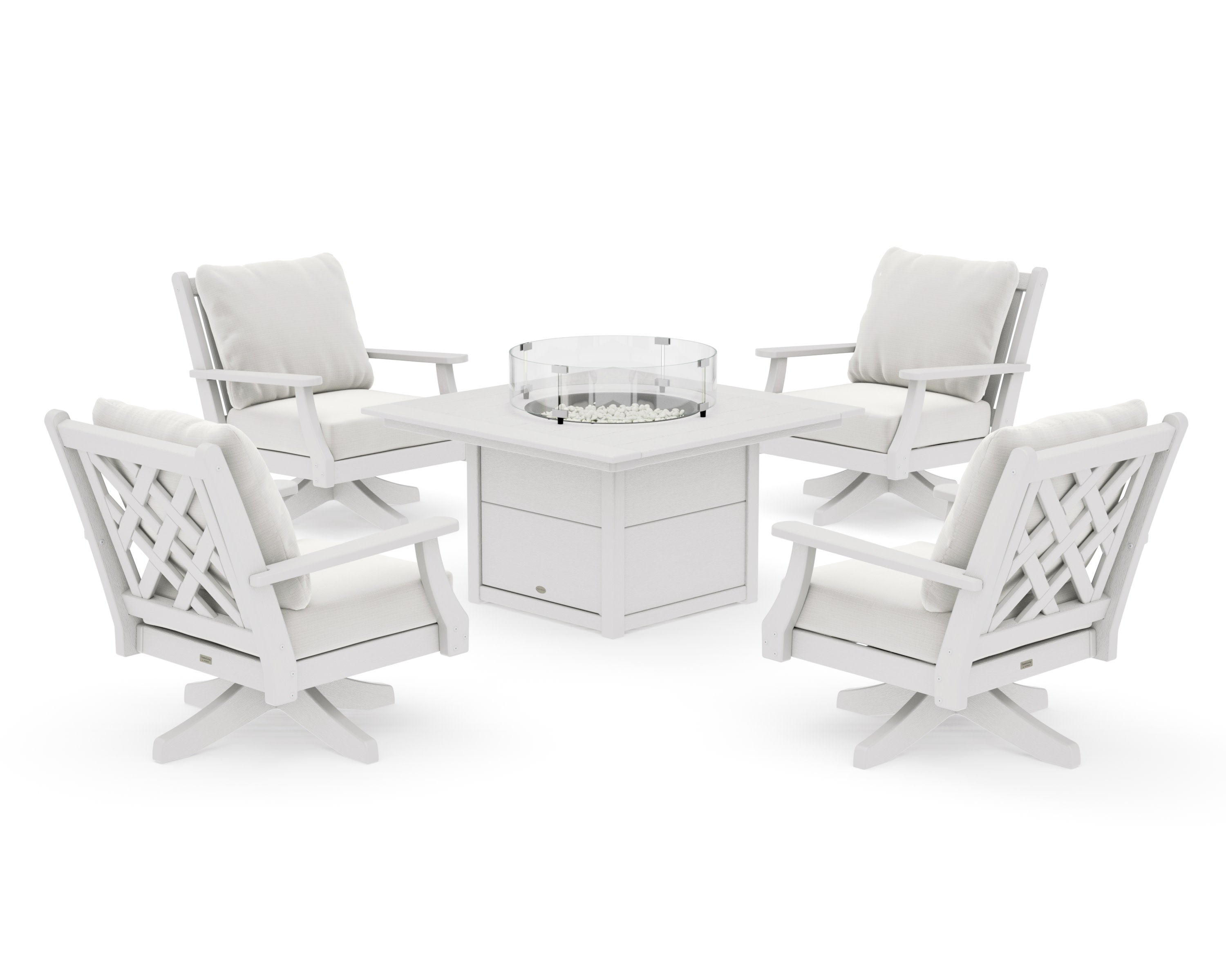 Wovendale 5-Piece Deep Seating Swivel Conversation Set with Fire Pit Table in Vintage White / Natural Linen