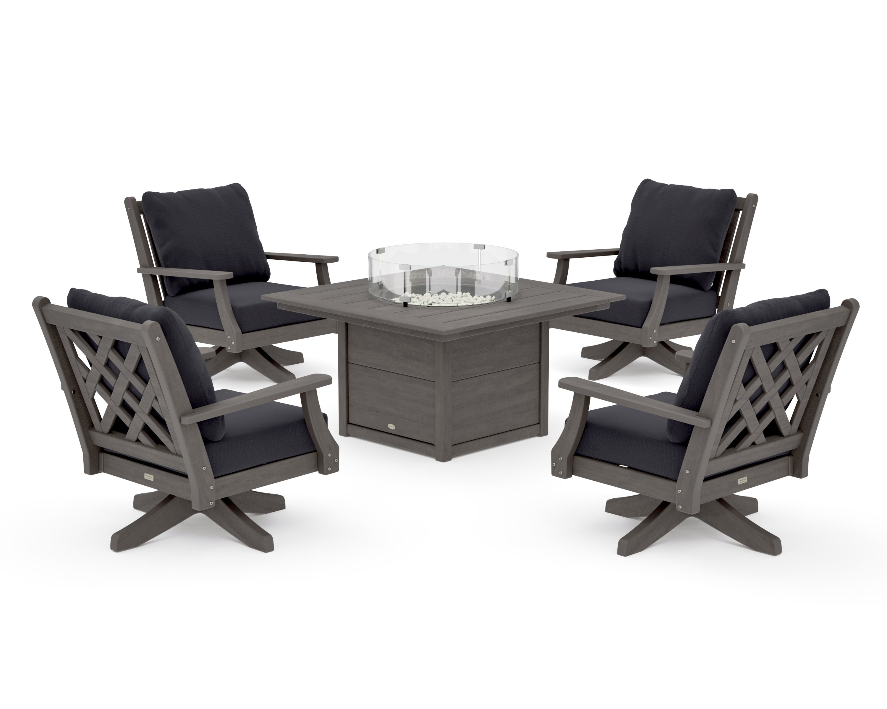 Wovendale 5-Piece Deep Seating Swivel Conversation Set with Fire Pit Table in Driftwood / Midnight Linen