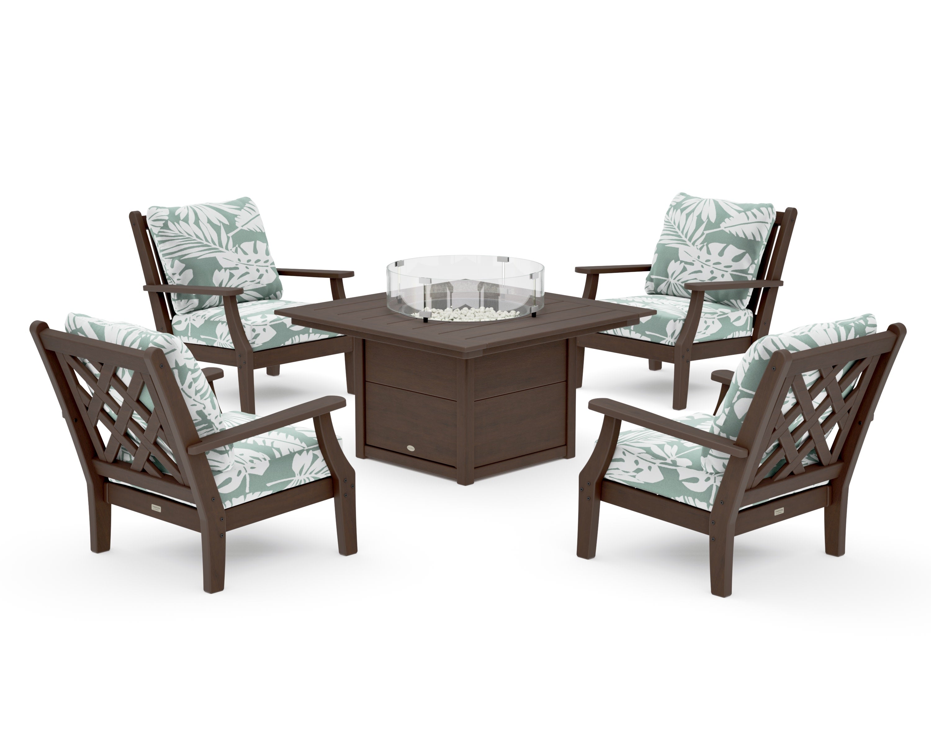 Wovendale 5-Piece Deep Seating Set with Fire Pit Table in Kona / Leaf Glacier Spa