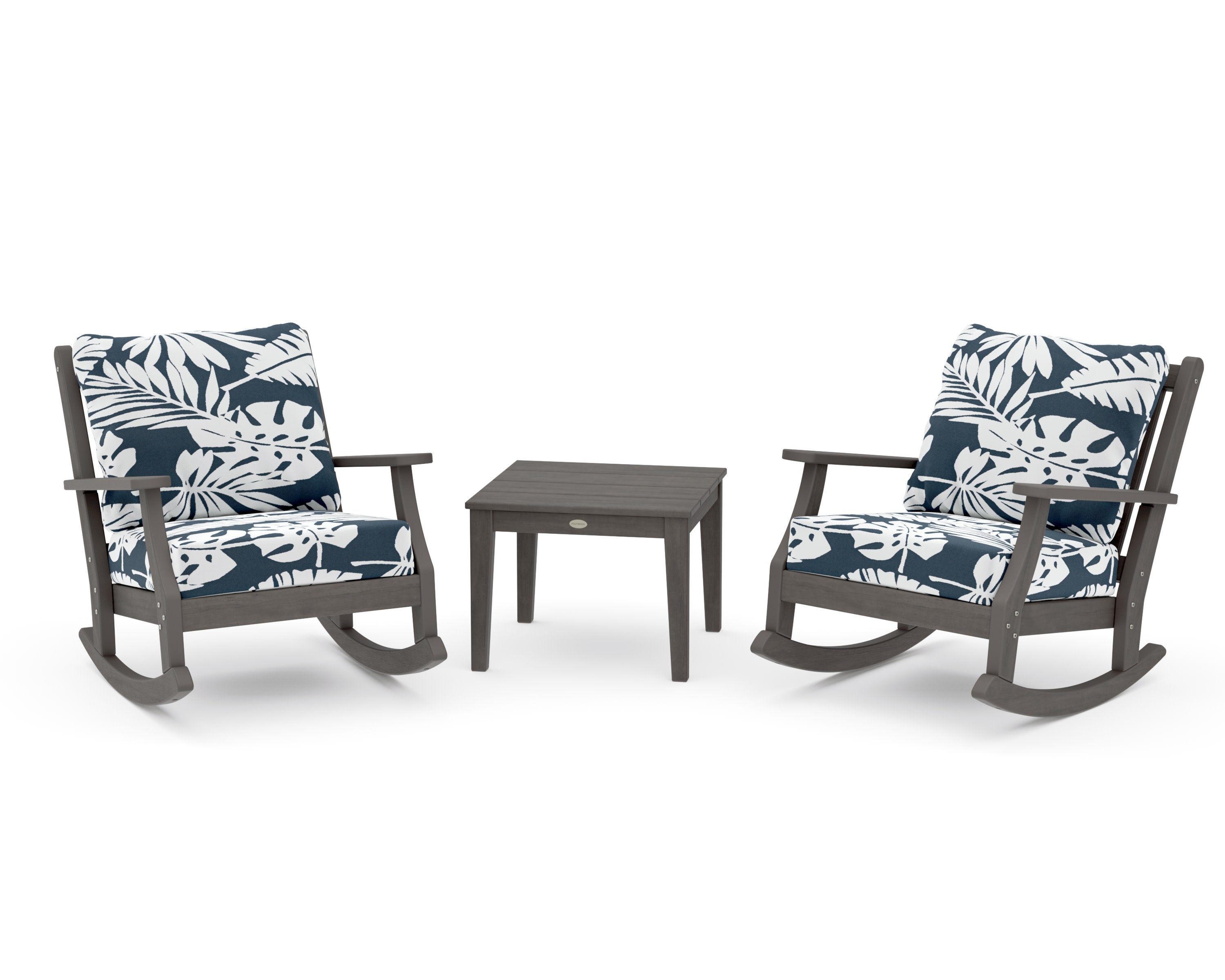 Wovendale 3-Piece Deep Seating Rocker Set in Driftwood / Leaf Marine Indigo