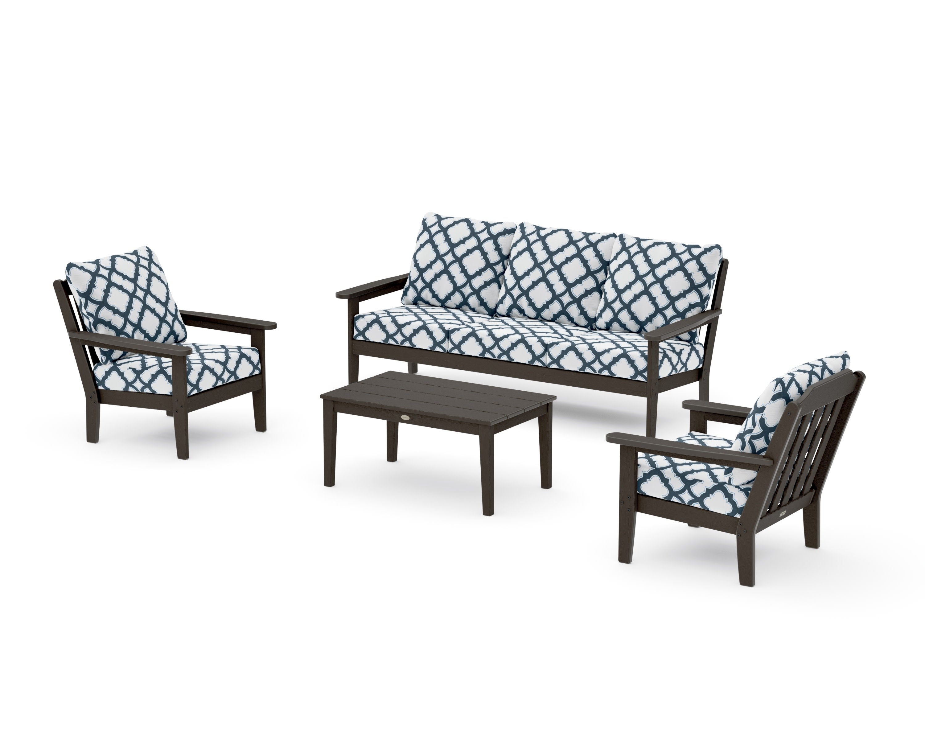 Cottage 4-Piece Deep Seating Set with Sofa in Vintage Coffee / Trellis Marine Indigo