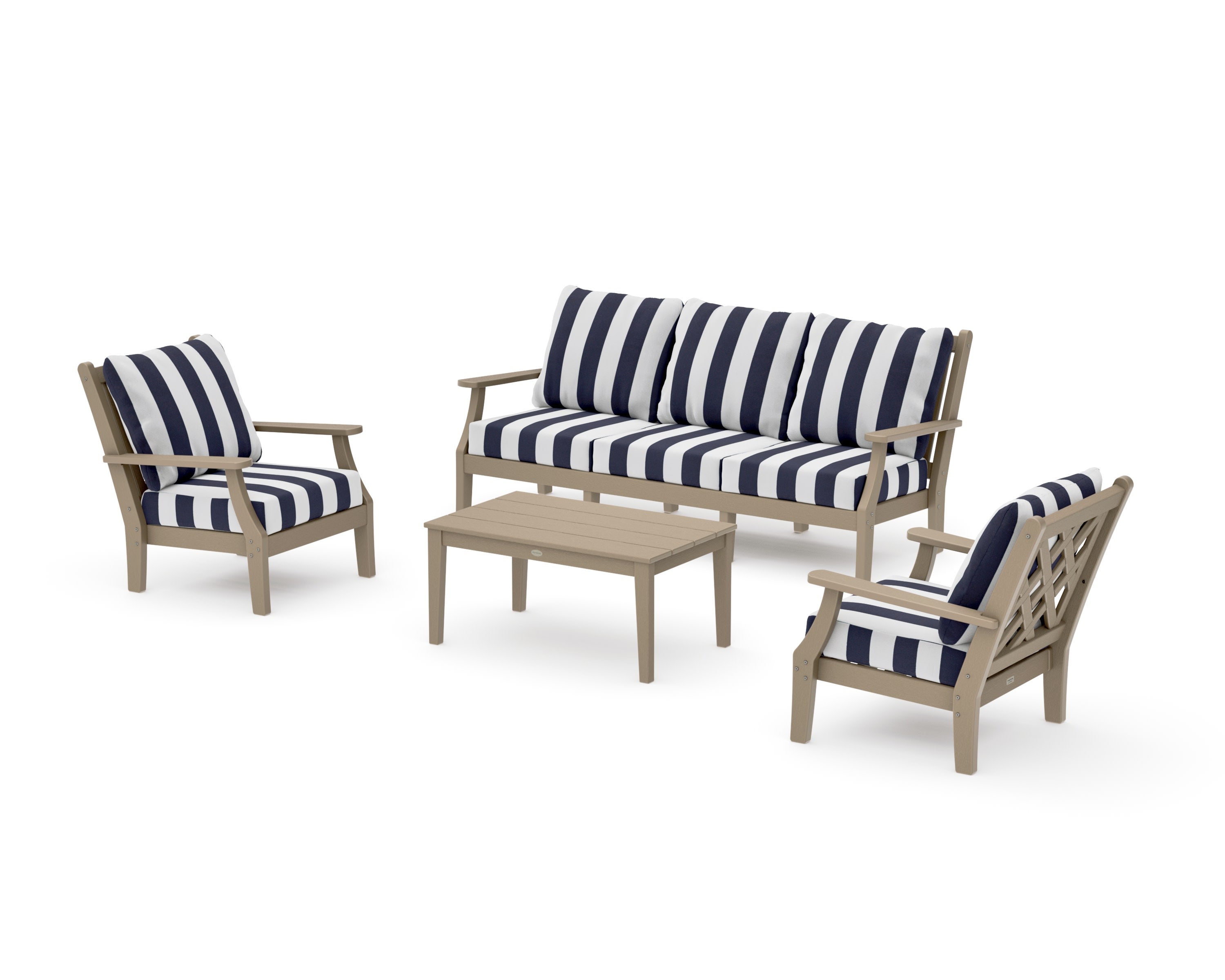 Wovendale 4-Piece Deep Seating Set with Sofa in Vintage Sahara / Cabana Stripe Navy