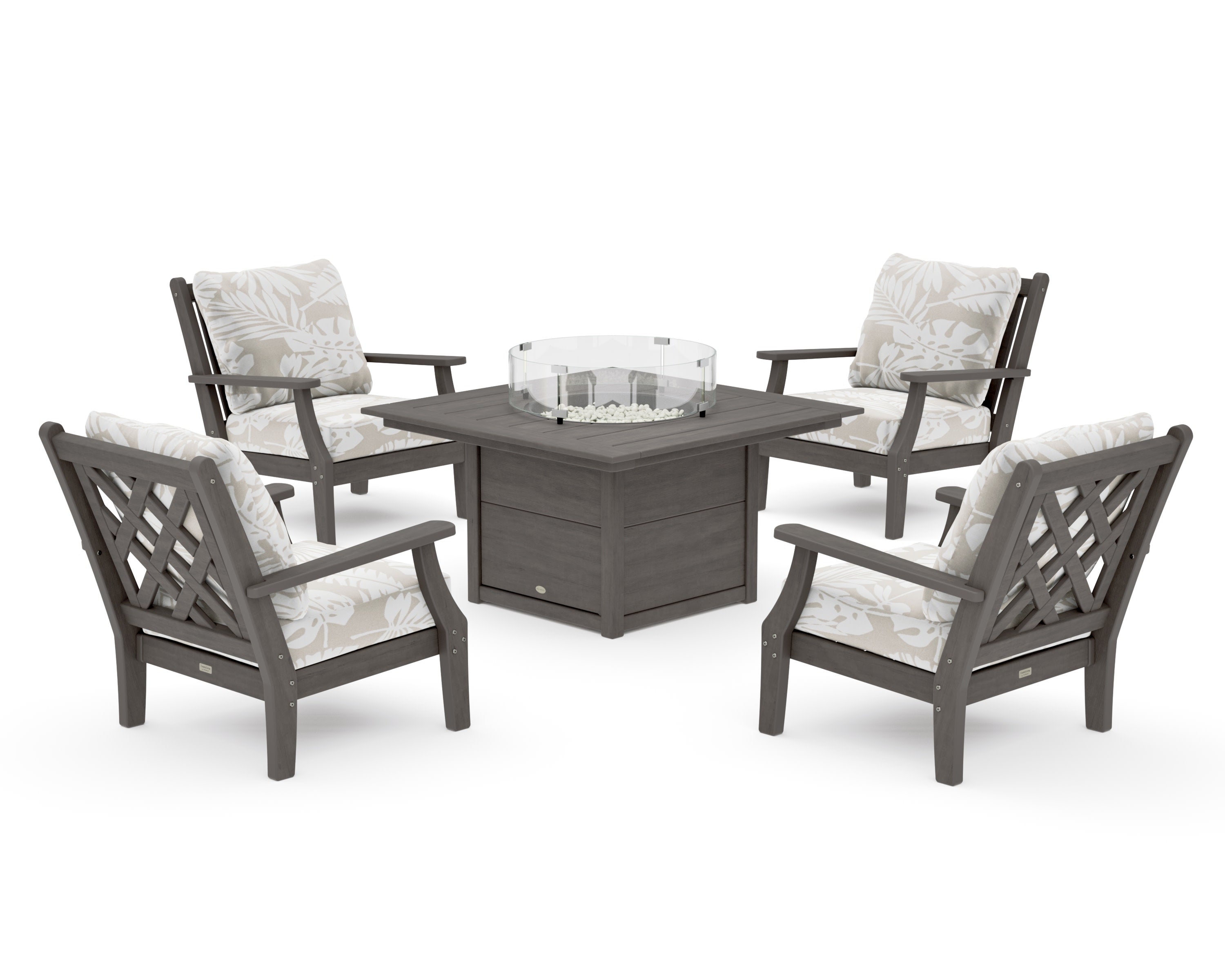 Wovendale 5-Piece Deep Seating Set with Fire Pit Table in Driftwood / Leaf Dune Burlap