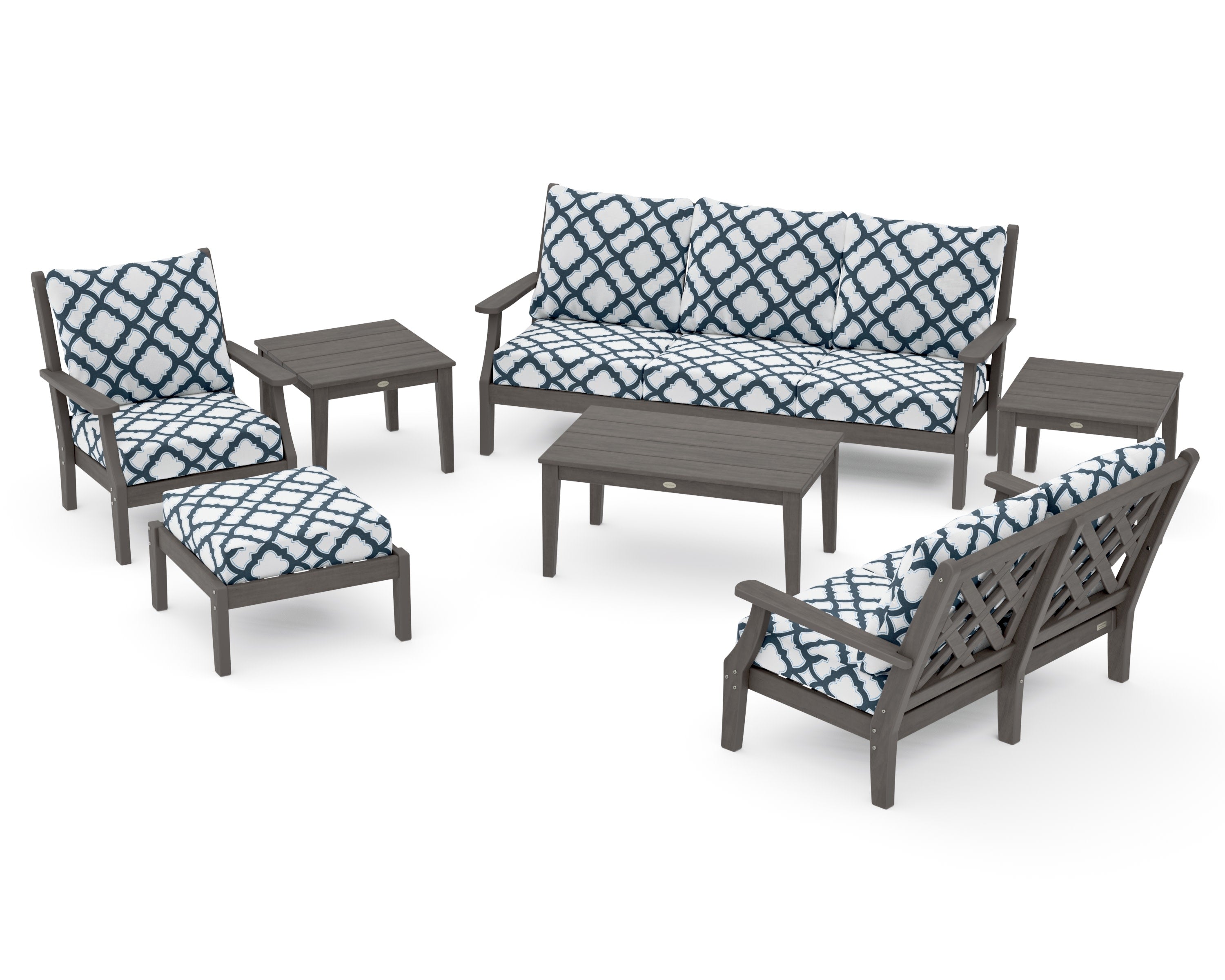 Wovendale 7-Piece Deep Seating Set in Driftwood / Trellis Marine Indigo