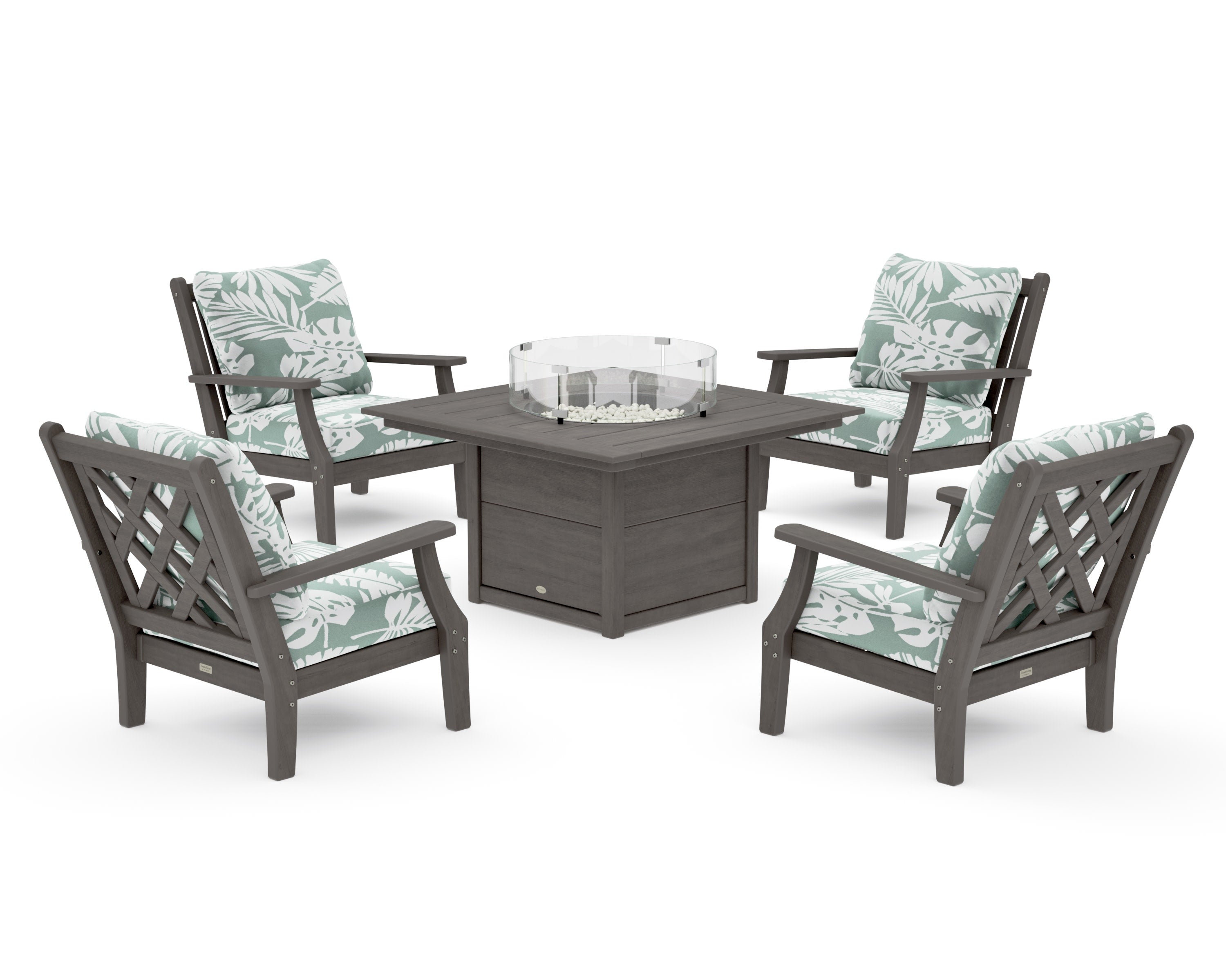 Wovendale 5-Piece Deep Seating Set with Fire Pit Table in Driftwood / Leaf Glacier Spa