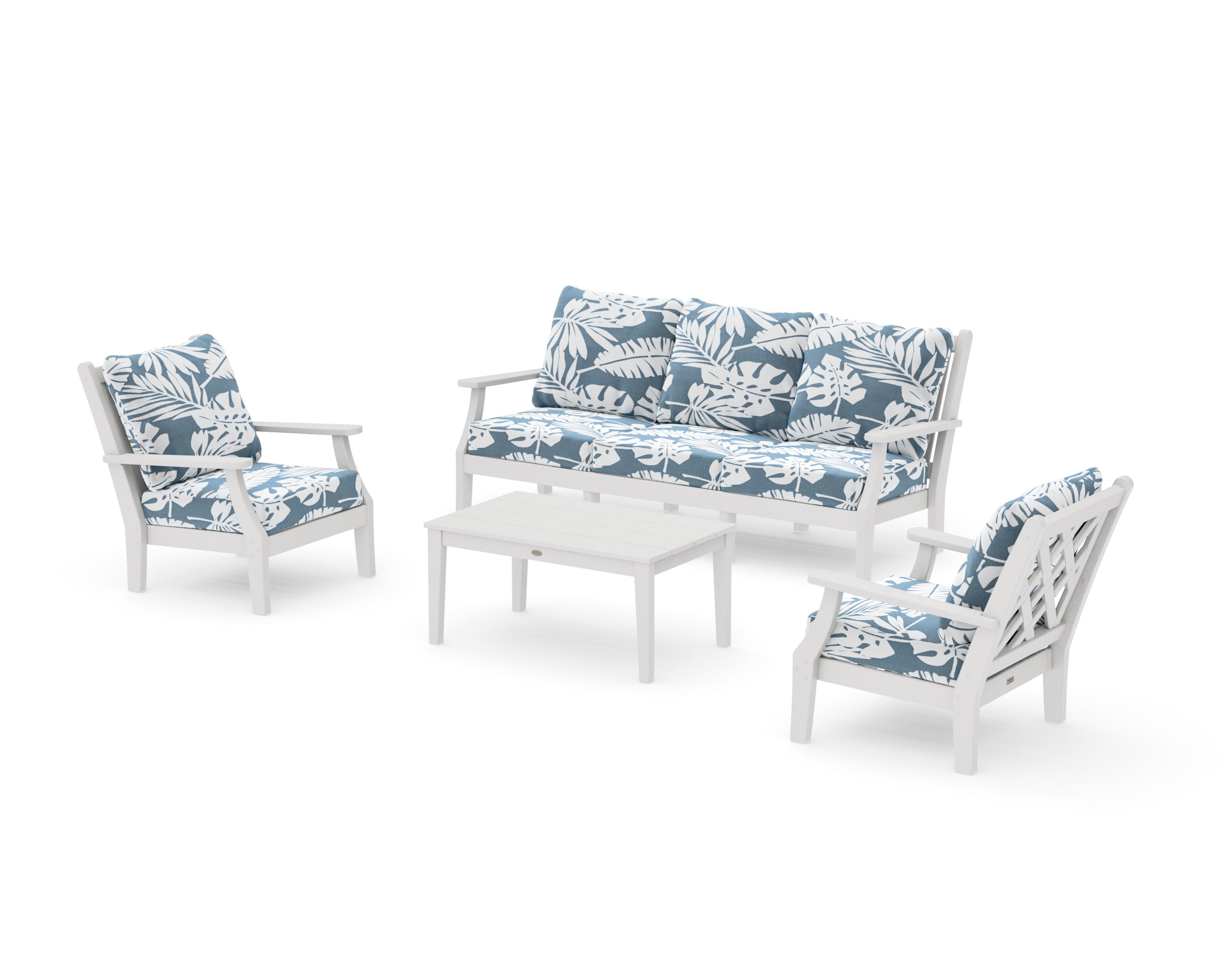 Wovendale 4-Piece Deep Seating Set with Sofa in Vintage White / Leaf Sky Blue