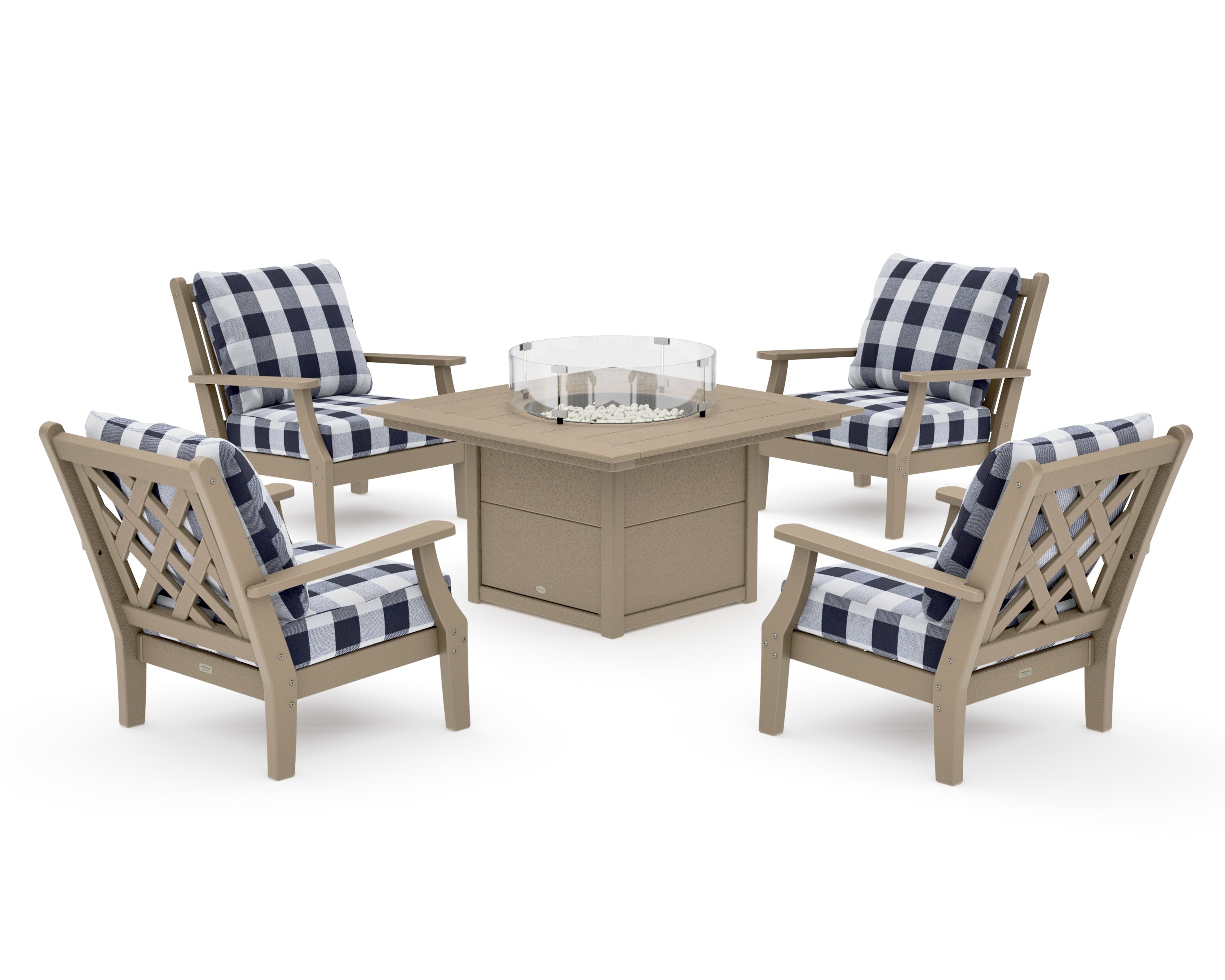 Wovendale 5-Piece Deep Seating Set with Fire Pit Table in Vintage Sahara / Buffalo Plaid Navy