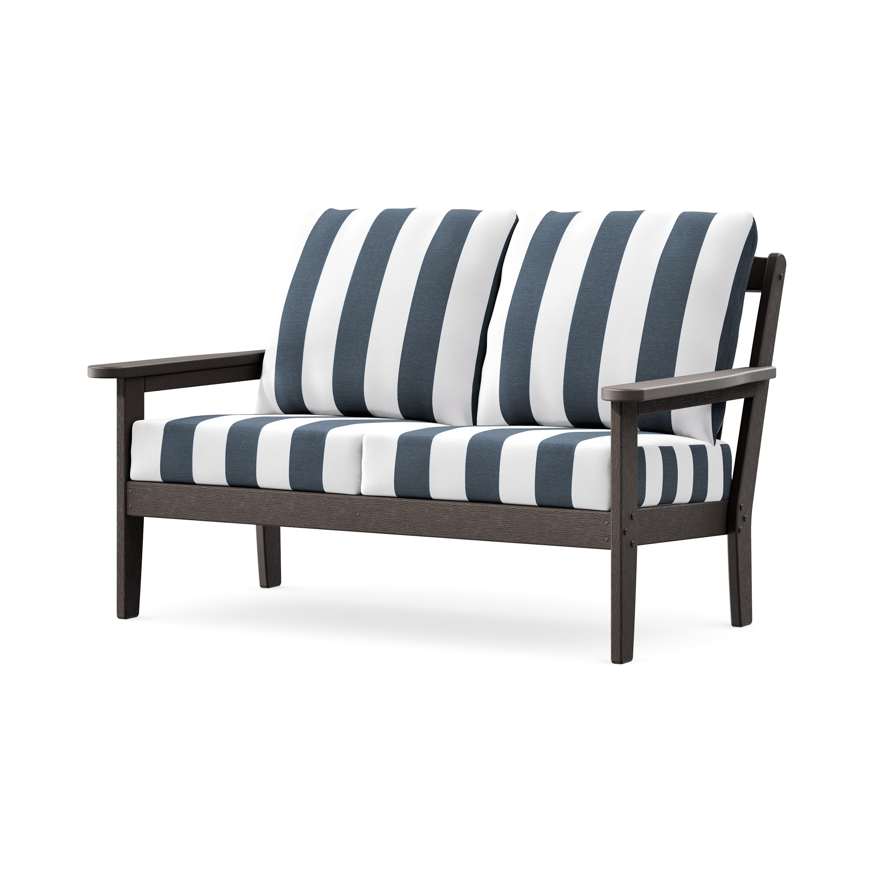 Cottage Deep Seating Loveseat in Vintage Coffee / Cabana Stripe Marine Indigo