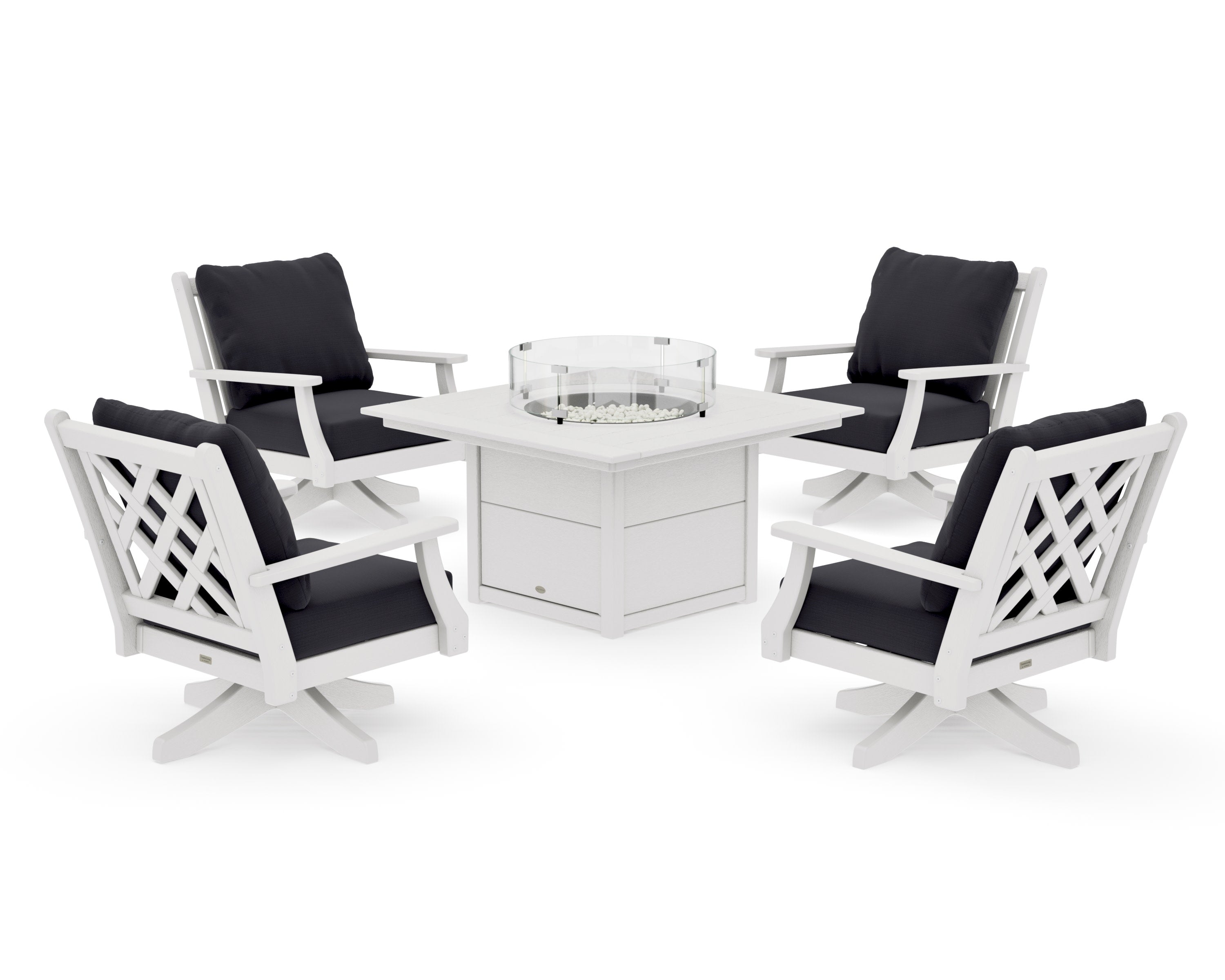 Wovendale 5-Piece Deep Seating Swivel Conversation Set with Fire Pit Table in Vintage White / Midnight Linen