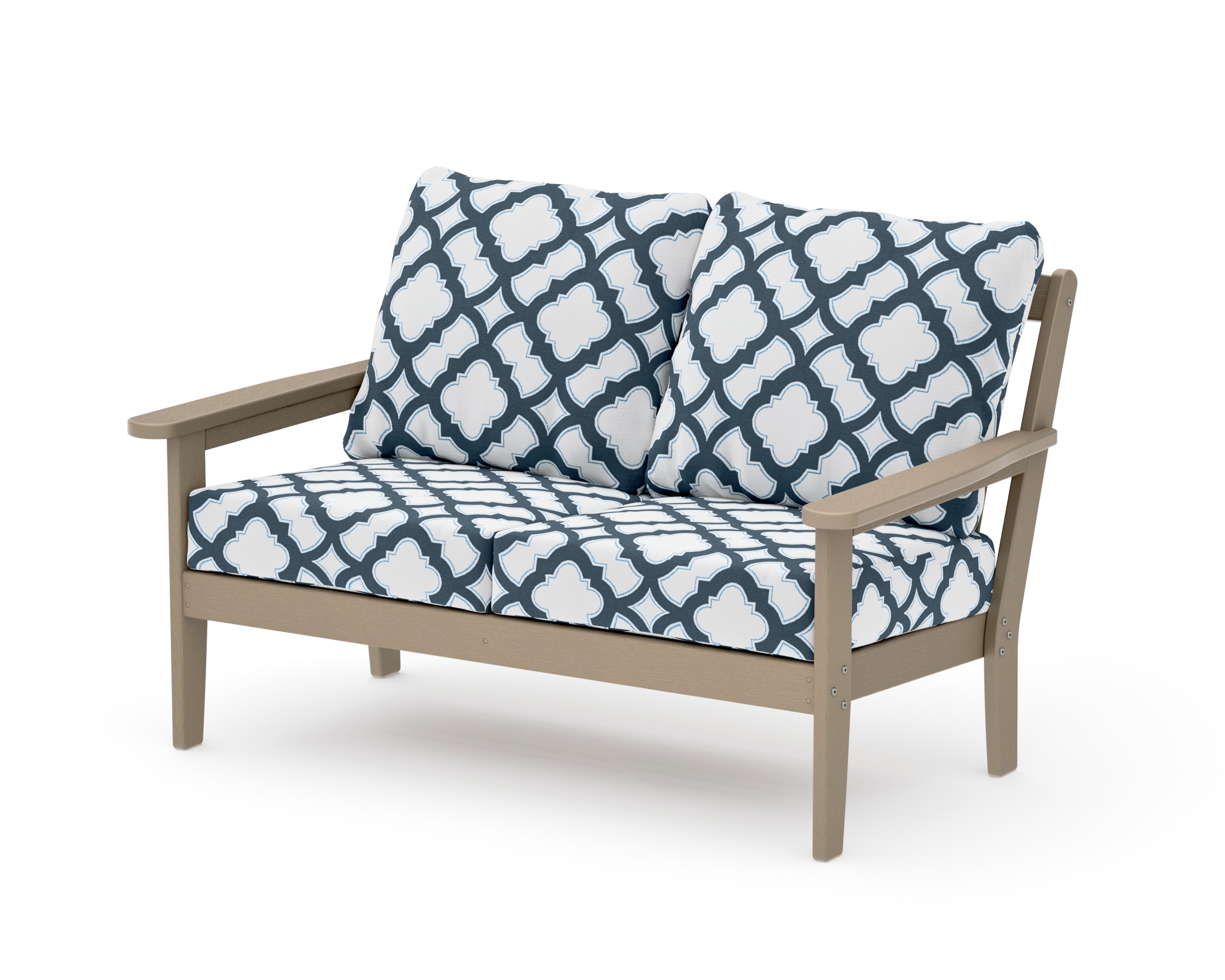 Cottage Deep Seating Loveseat in Vintage Sahara / Trellis Marine Indigo