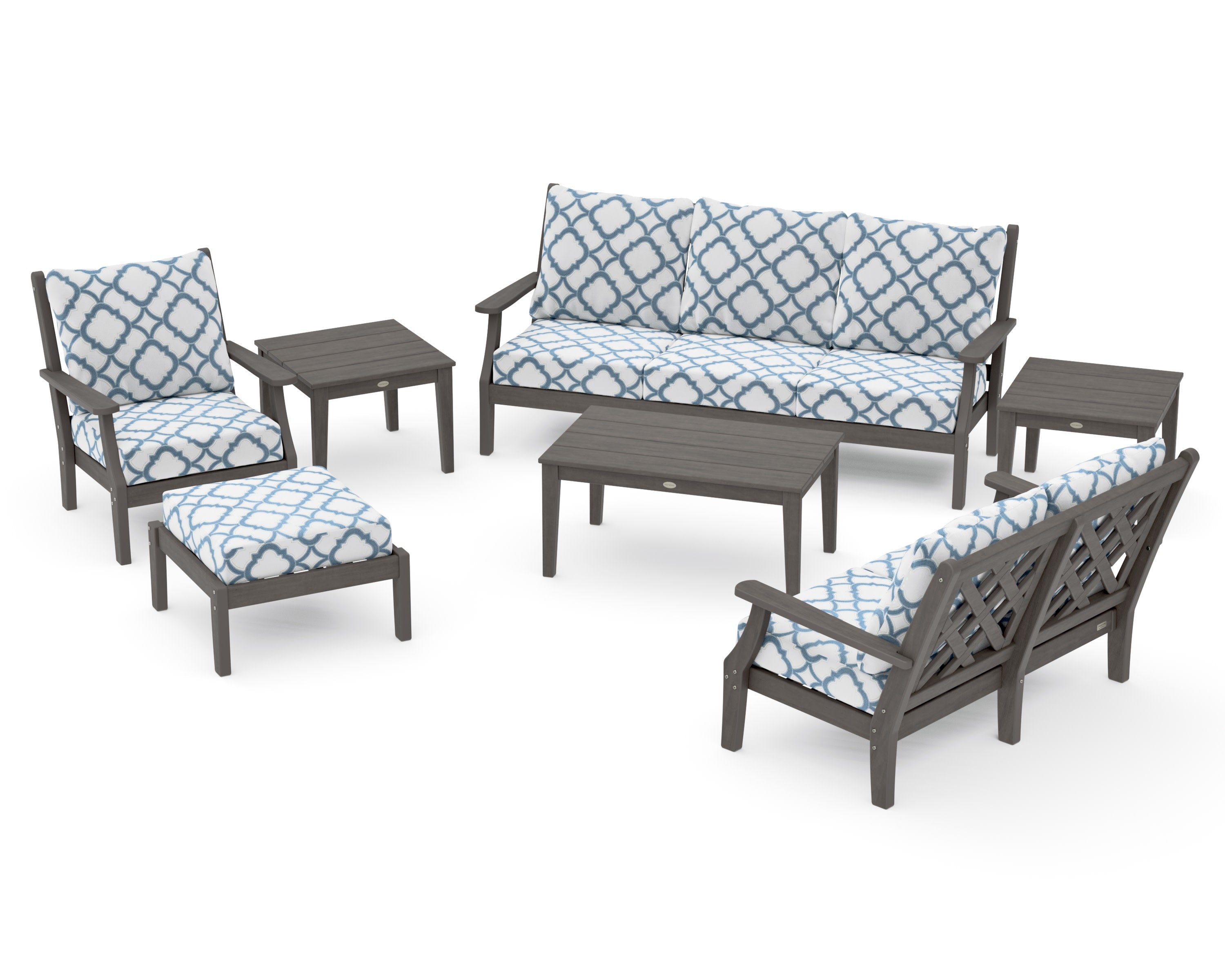 Wovendale 7-Piece Deep Seating Set in Driftwood / Trellis Sky Blue