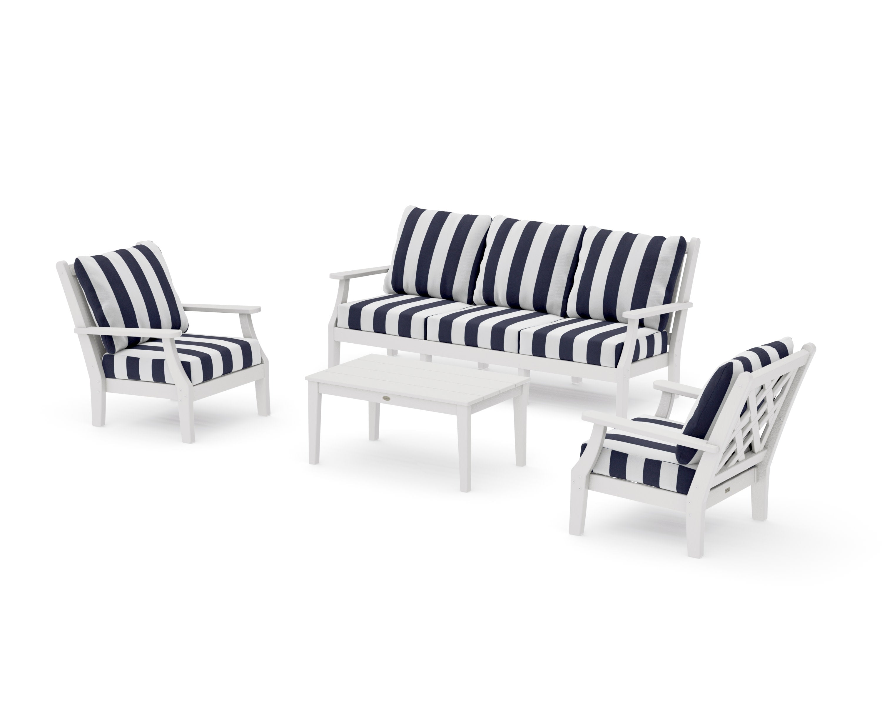 Wovendale 4-Piece Deep Seating Set with Sofa in Vintage White / Cabana Stripe Navy