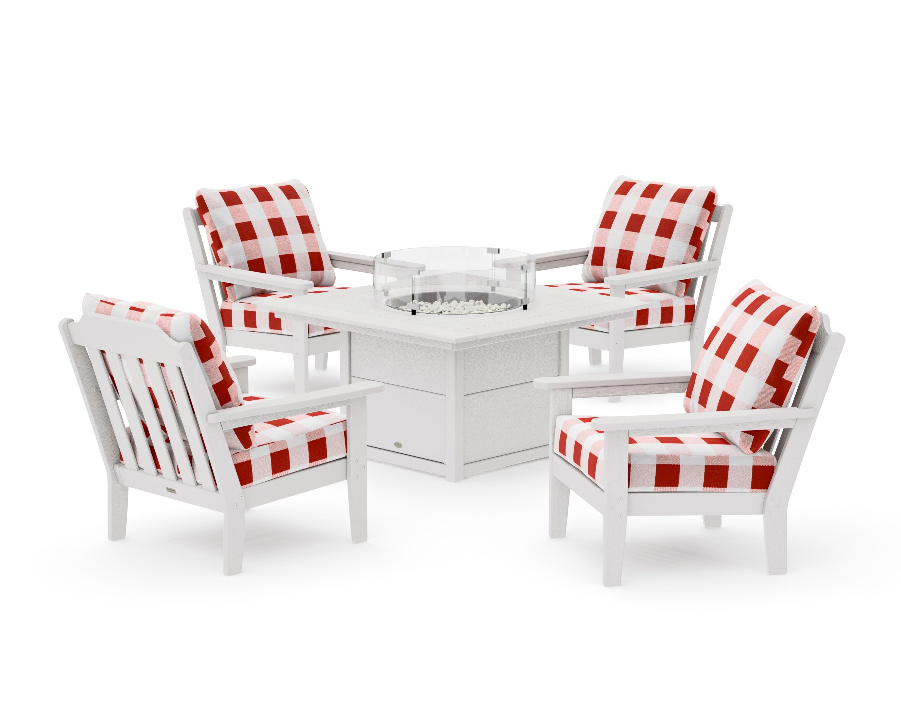 Cottage 5-Piece Deep Seating Set with Fire Pit Table in Vintage White / Buffalo Plaid Crimson
