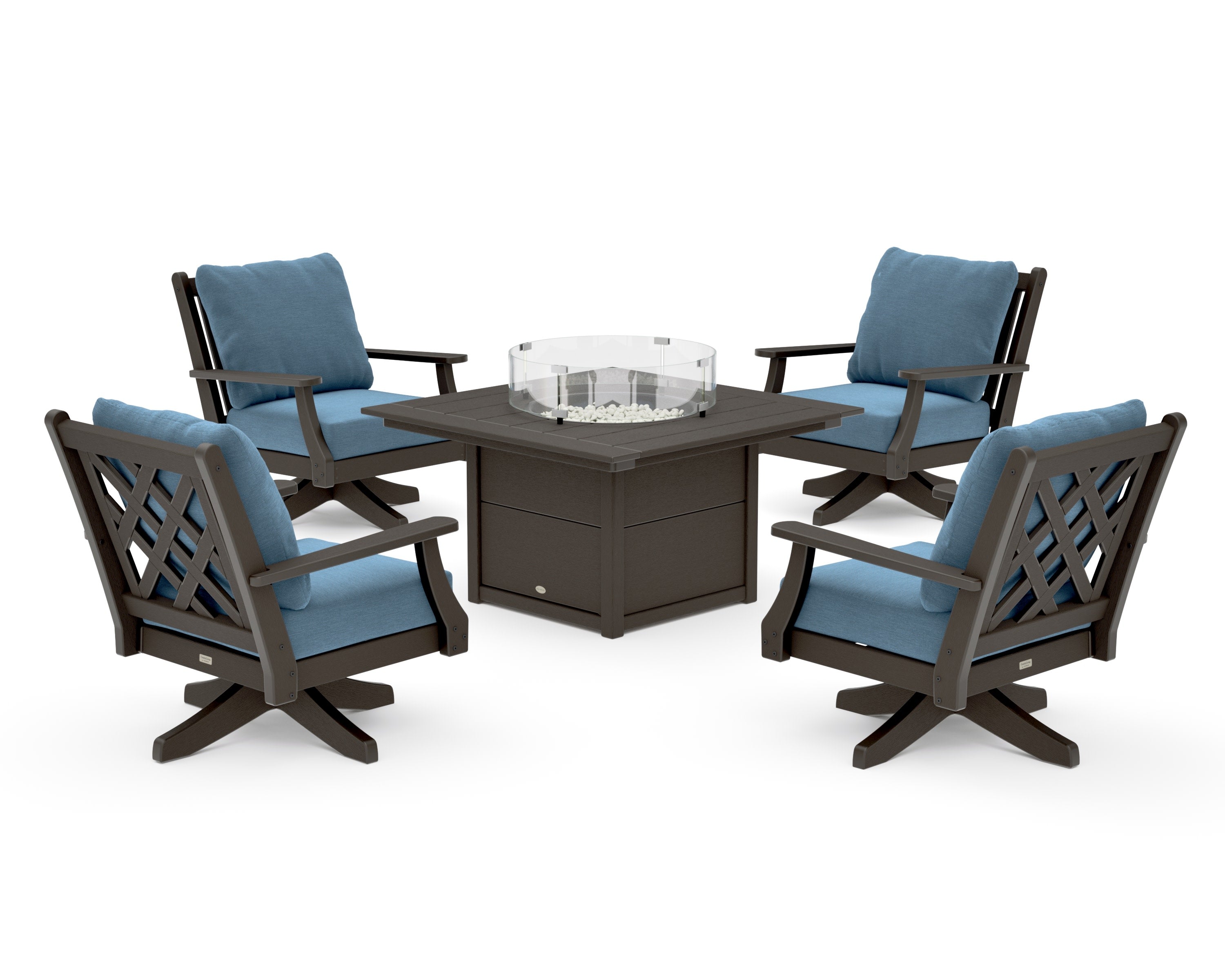 Wovendale 5-Piece Deep Seating Swivel Conversation Set with Fire Pit Table in Vintage Coffee / Sky Blue