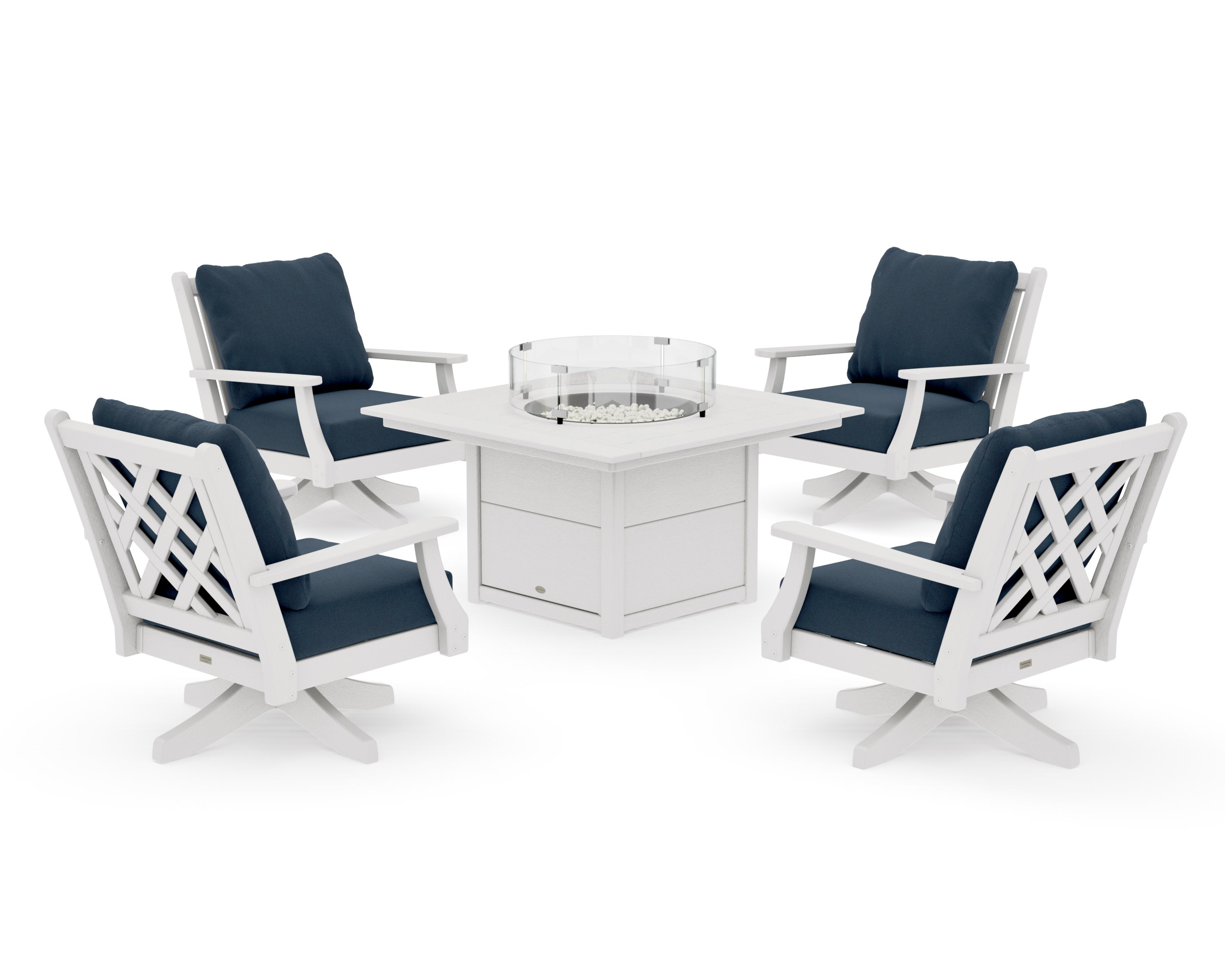 Wovendale 5-Piece Deep Seating Swivel Conversation Set with Fire Pit Table in Vintage White / Marine Indigo