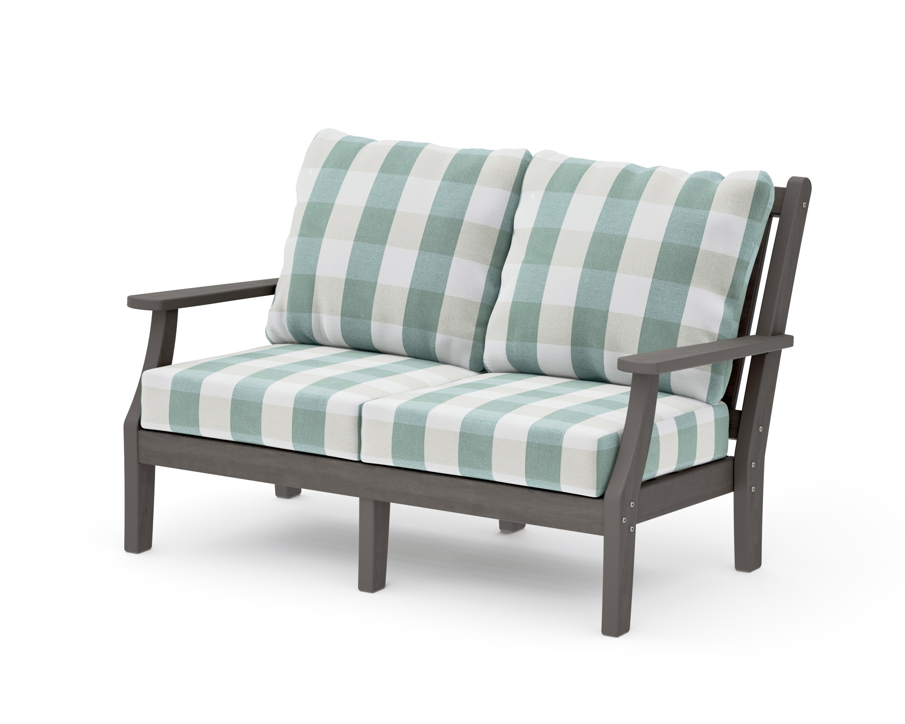 Wovendale Deep Seating Loveseat in Driftwood / Buffalo Plaid Glacier Spa