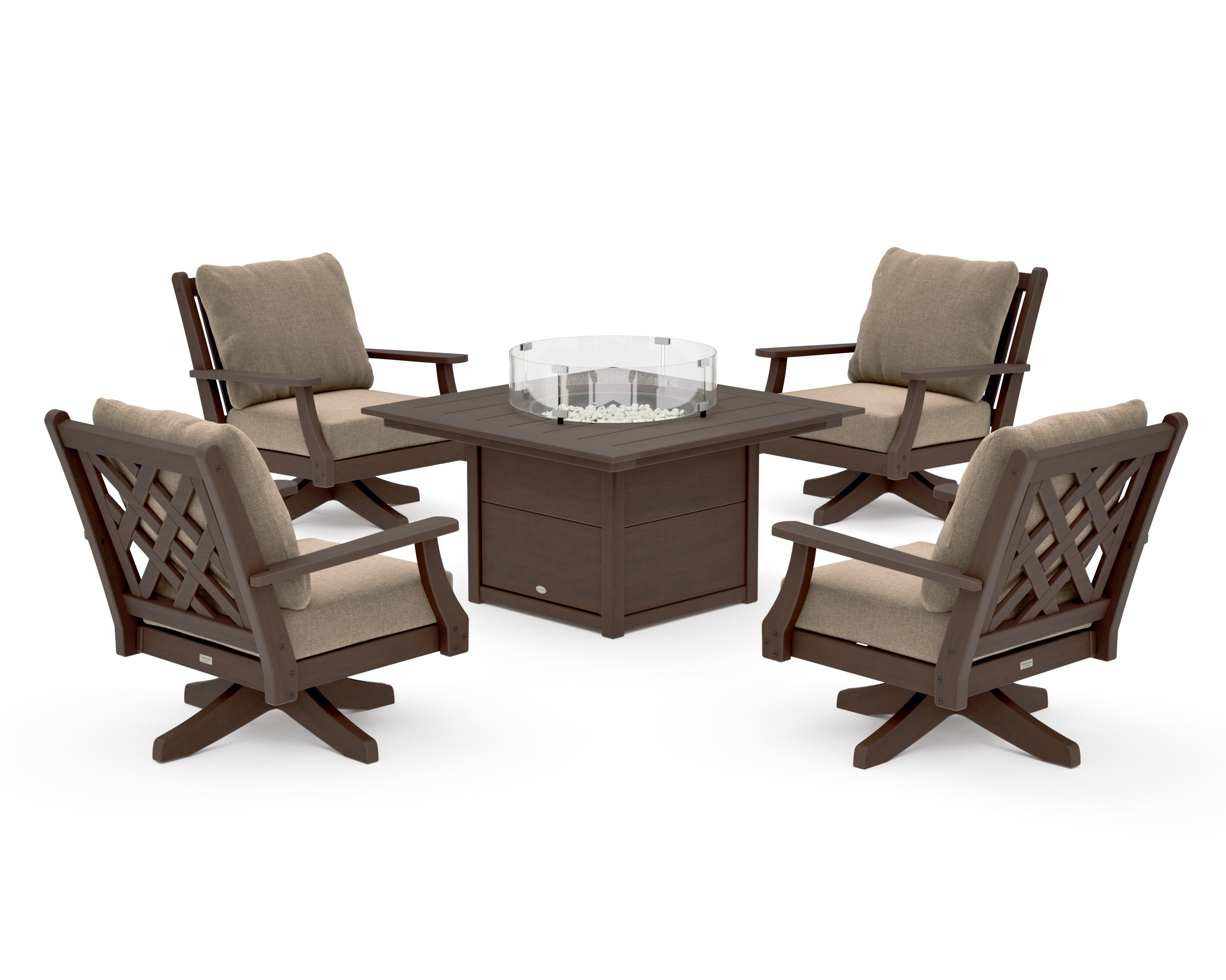 Wovendale 5-Piece Deep Seating Swivel Conversation Set with Fire Pit Table in Kona / Spiced Burlap