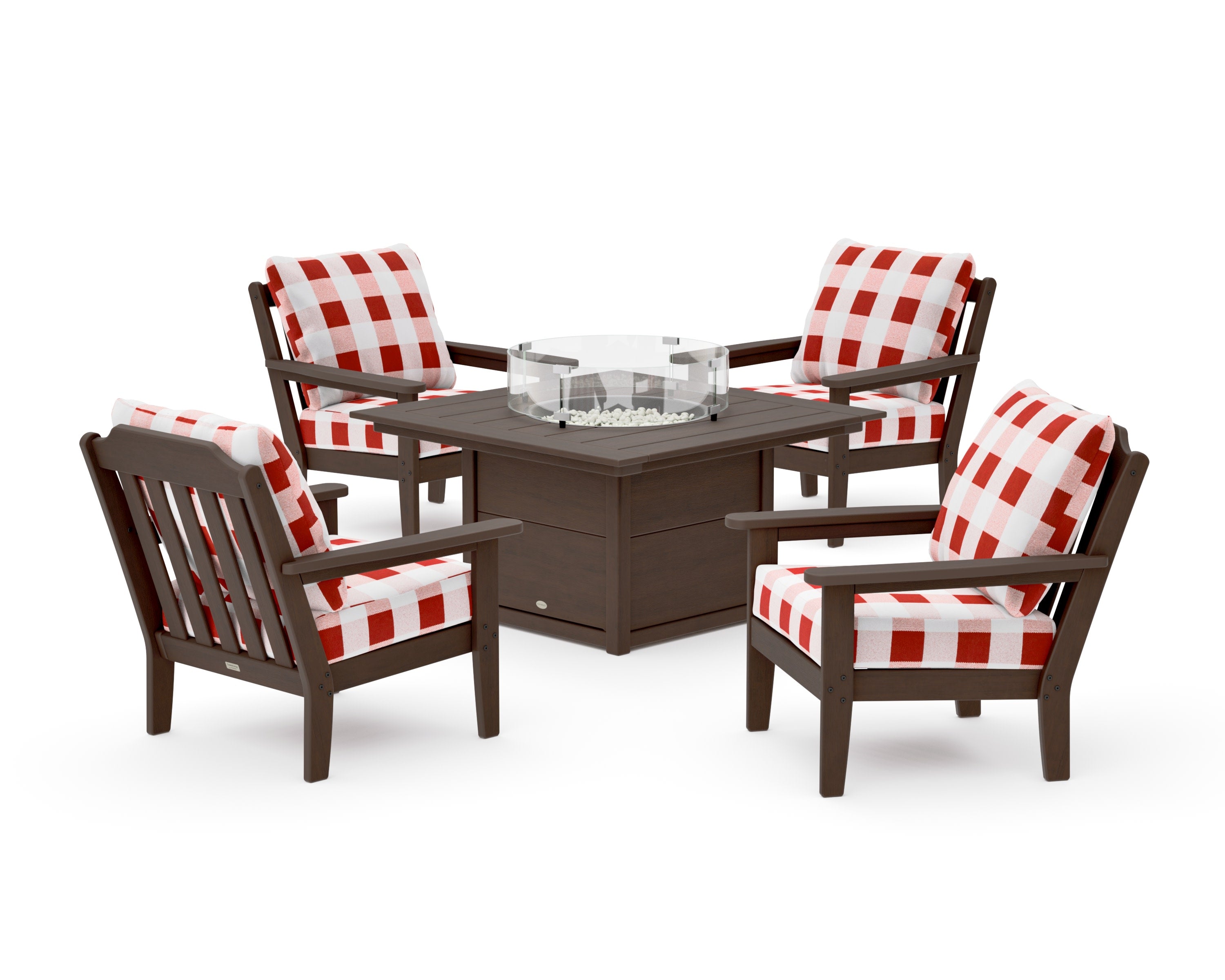 Cottage 5-Piece Deep Seating Set with Fire Pit Table in Kona / Buffalo Plaid Crimson