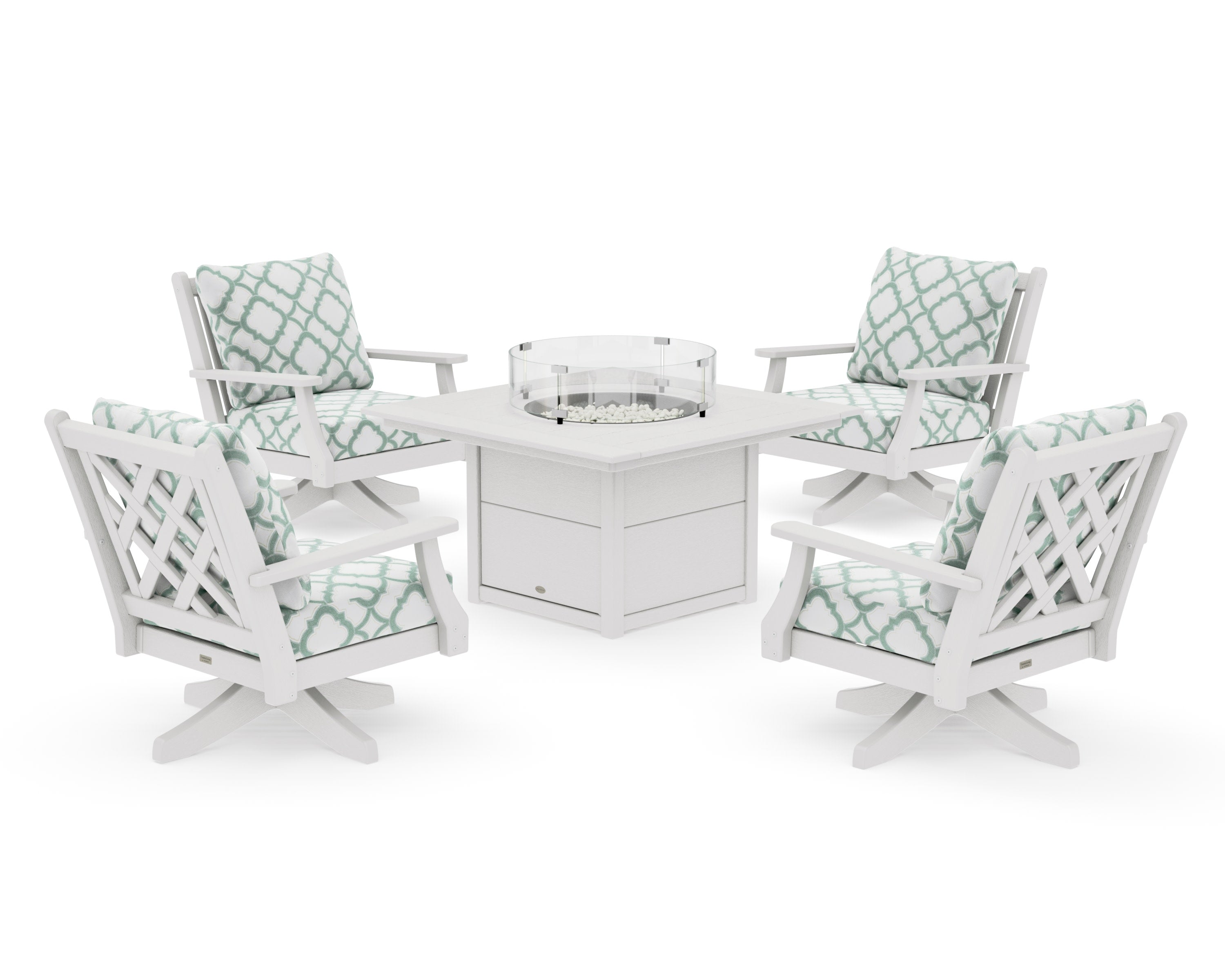Wovendale 5-Piece Deep Seating Swivel Conversation Set with Fire Pit Table in Vintage White / Trellis Glacier Spa