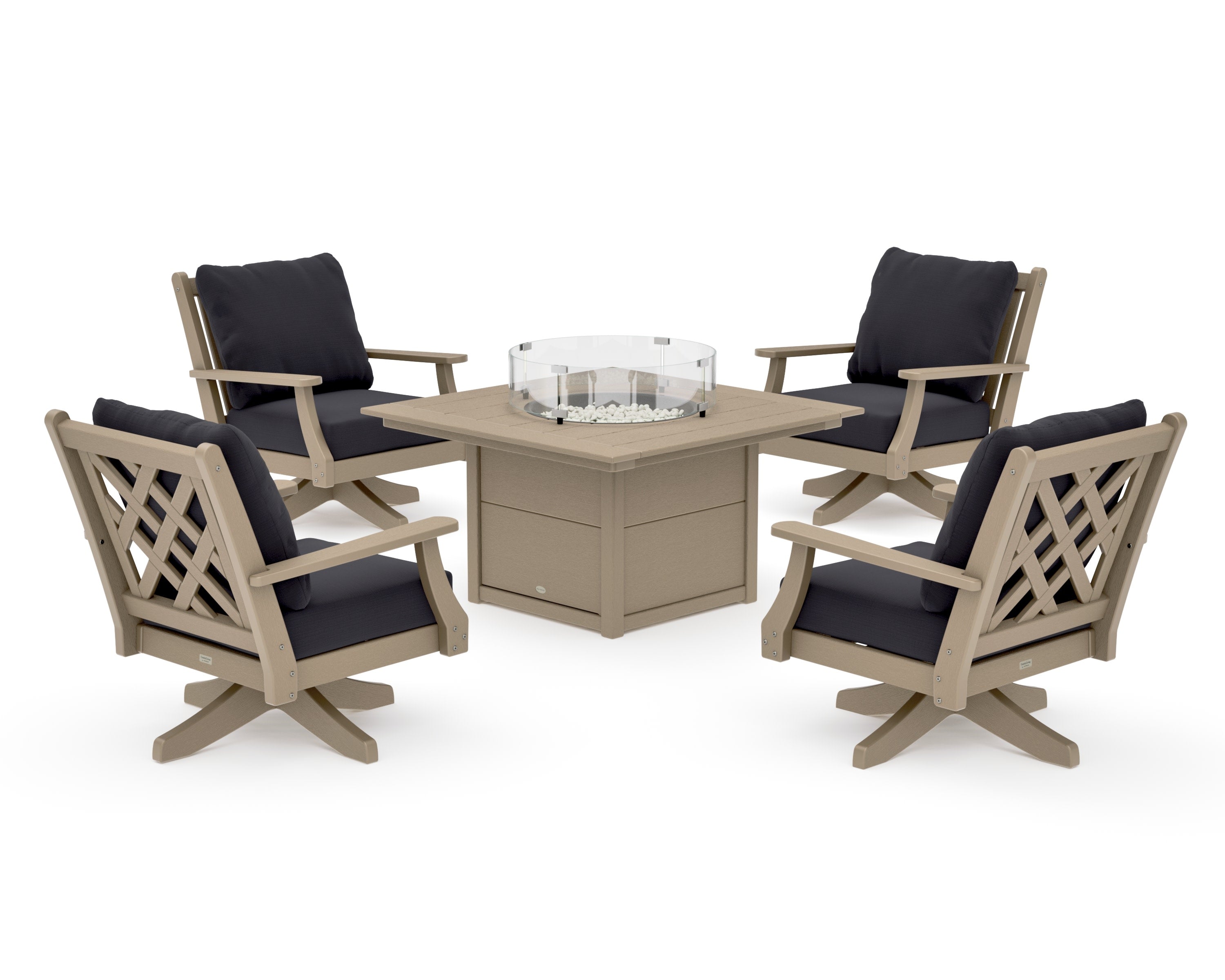 Wovendale 5-Piece Deep Seating Swivel Conversation Set with Fire Pit Table in Vintage Sahara / Midnight Linen