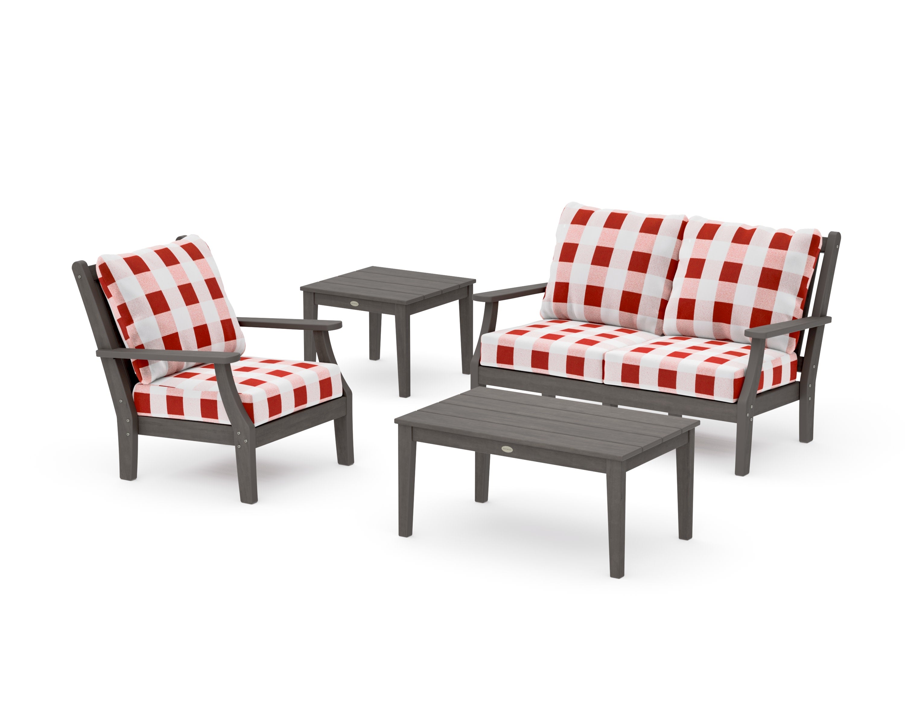 Wovendale 4-Piece Deep Seating Set in Driftwood / Buffalo Plaid Crimson