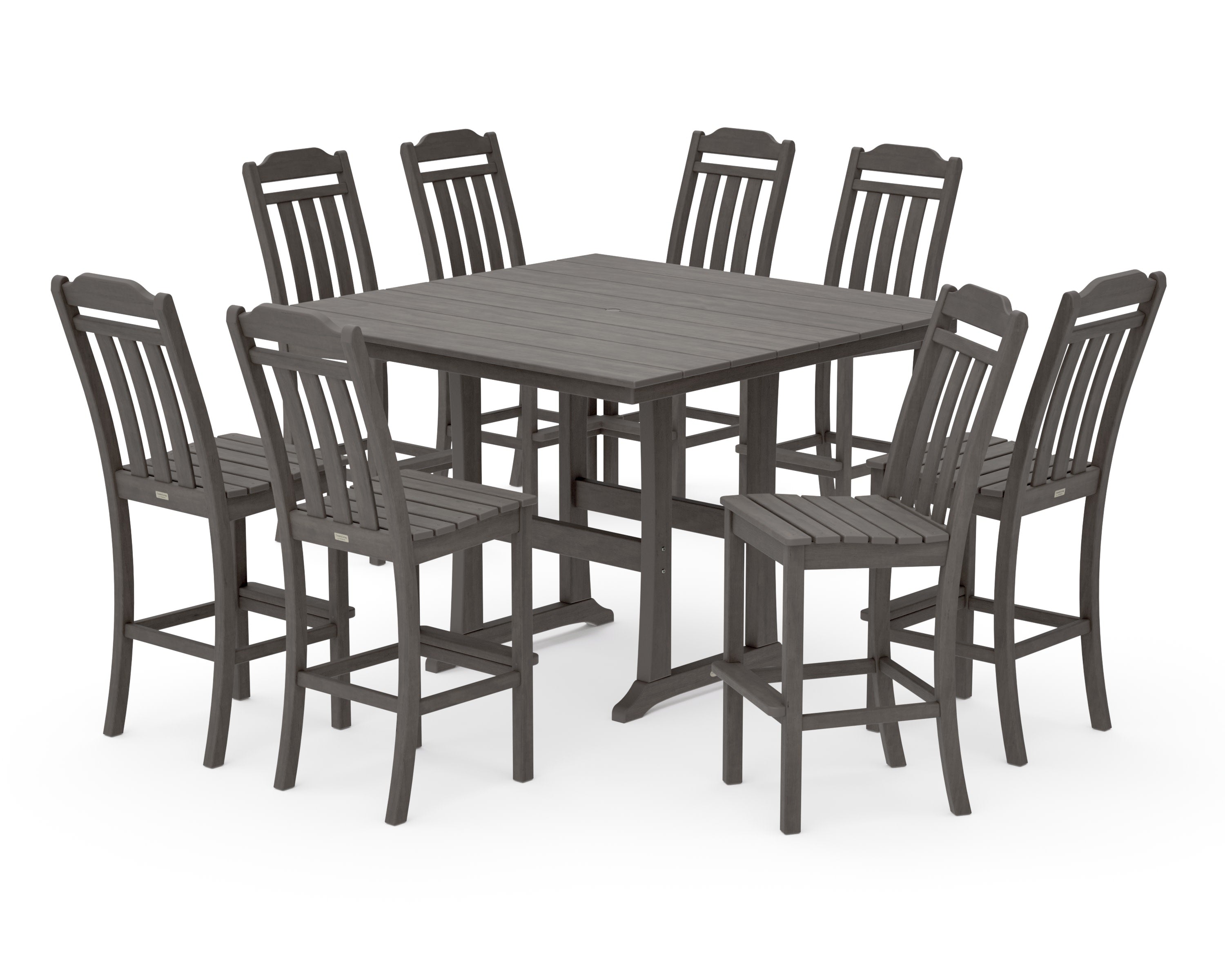 Cottage 9-Piece Square Farmhouse Side Chair Bar Set with Trestle Legs in Driftwood