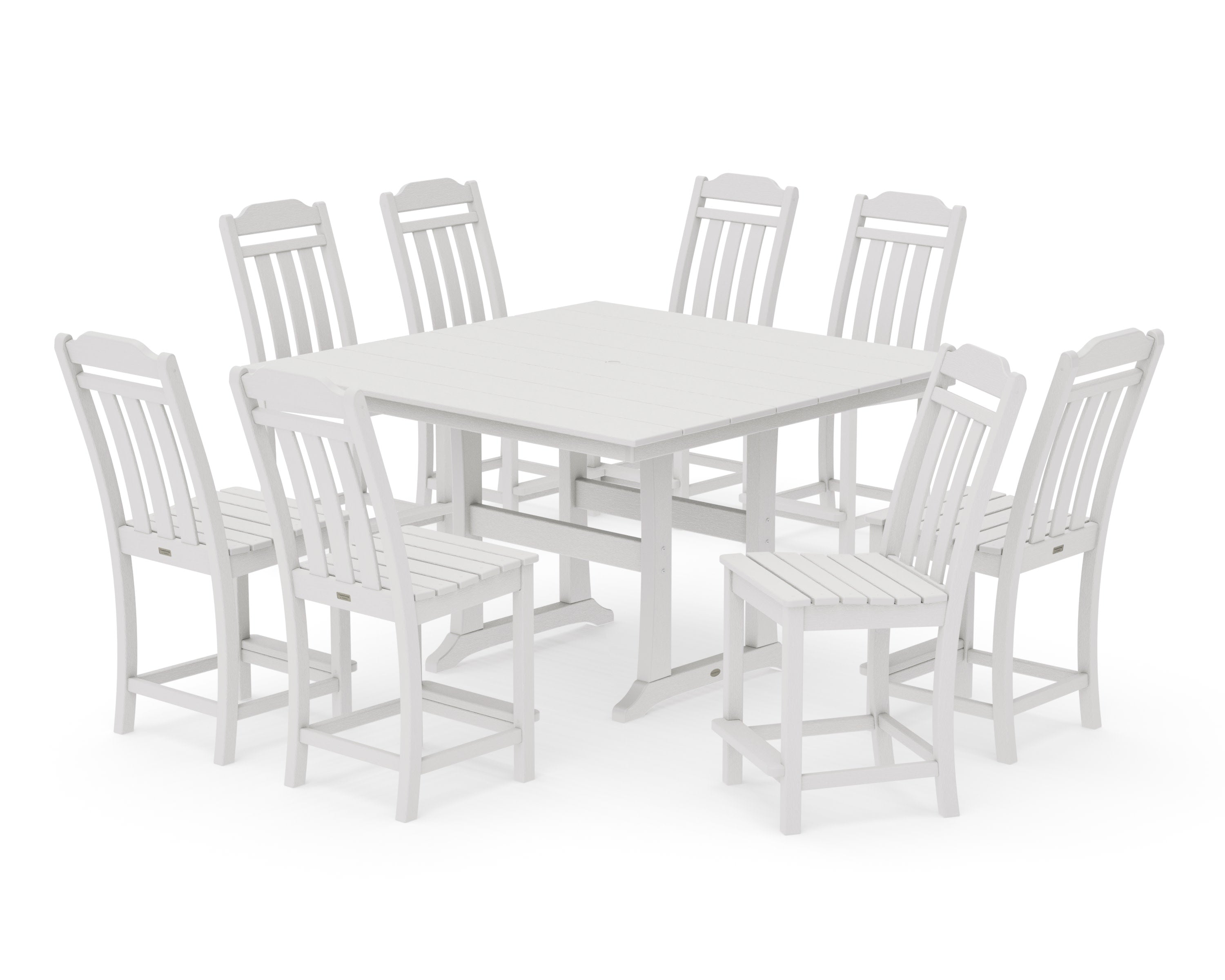 Cottage 9-Piece Square Farmhouse Side Chair Counter Set with Trestle Legs in Vintage White