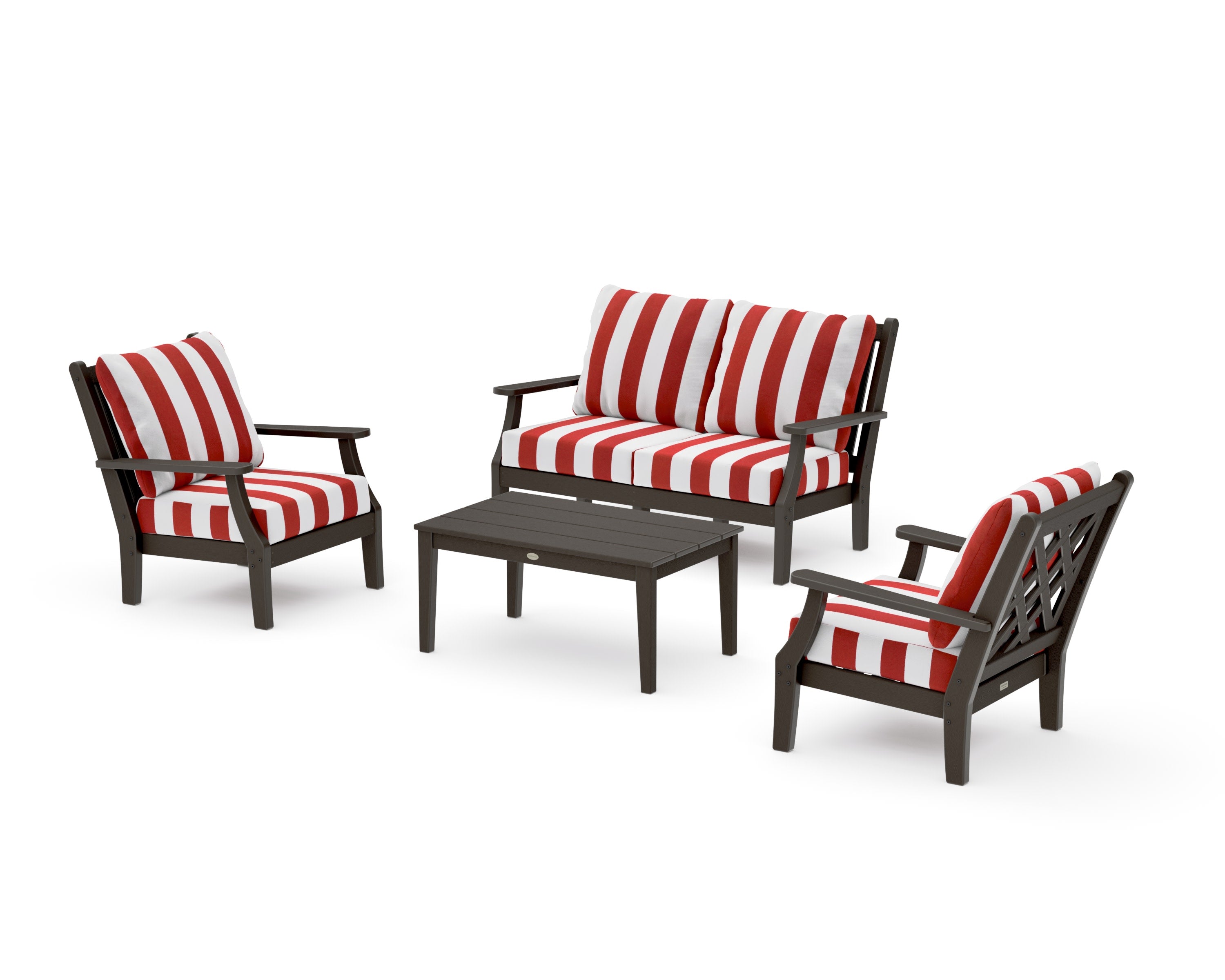 Wovendale 4-Piece Deep Seating Set with Loveseat in Vintage Coffee / Cabana Stripe Crimson