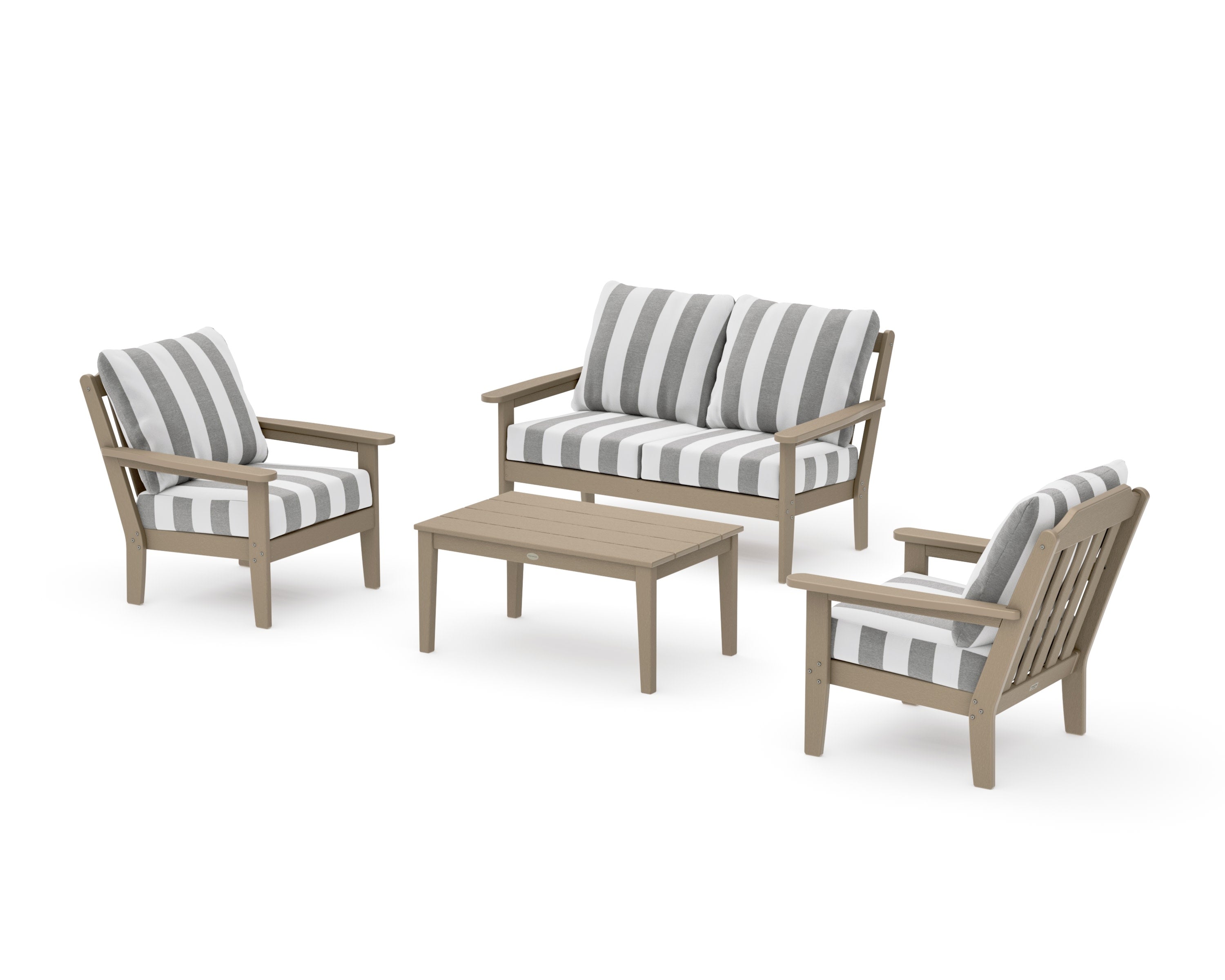 Cottage 4-Piece Deep Seating Set with Loveseat in Vintage Sahara / Cabana Stripe Grey Mist