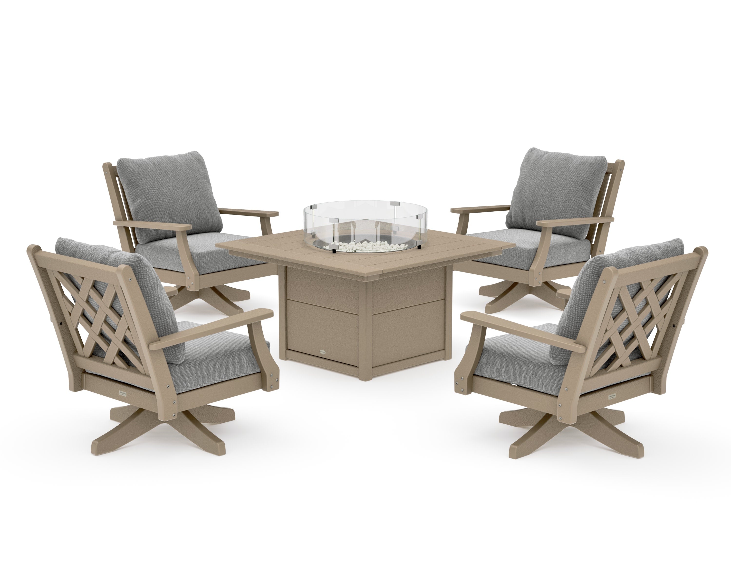 Wovendale 5-Piece Deep Seating Swivel Conversation Set with Fire Pit Table in Vintage Sahara / Grey Mist