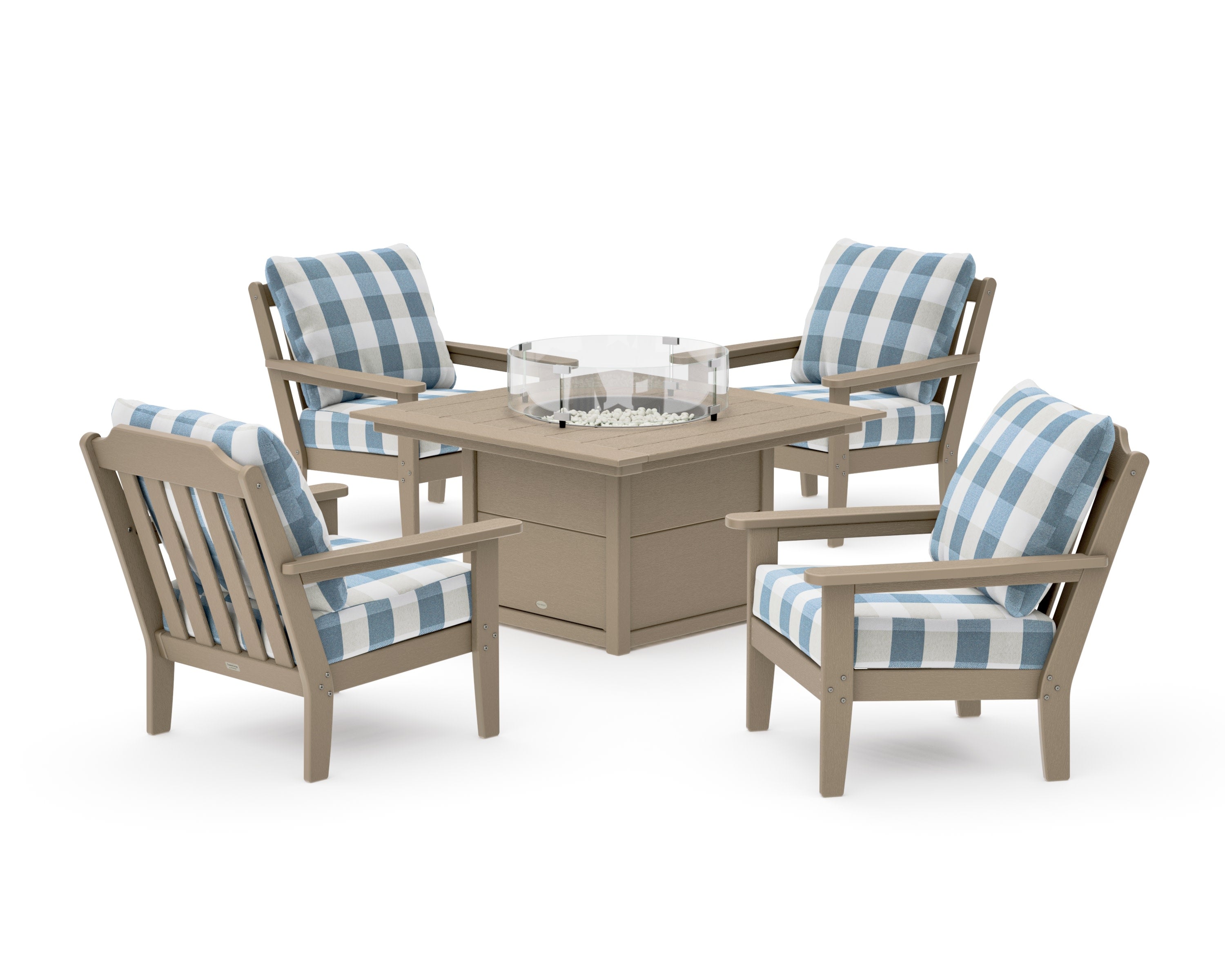 Cottage 5-Piece Deep Seating Set with Fire Pit Table in Vintage Sahara / Buffalo Plaid Sky Blue