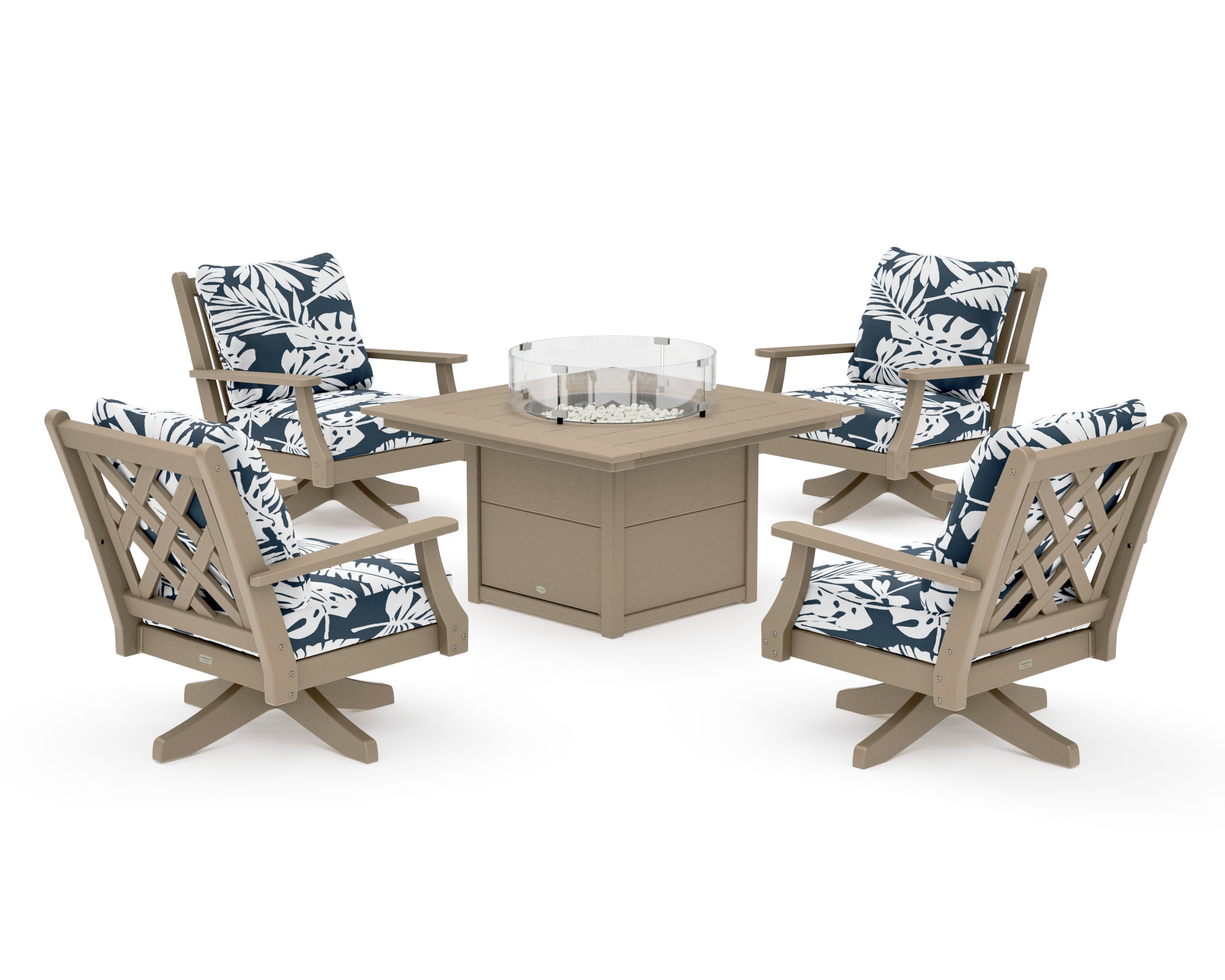 Wovendale 5-Piece Deep Seating Swivel Conversation Set with Fire Pit Table in Vintage Sahara / Leaf Marine Indigo