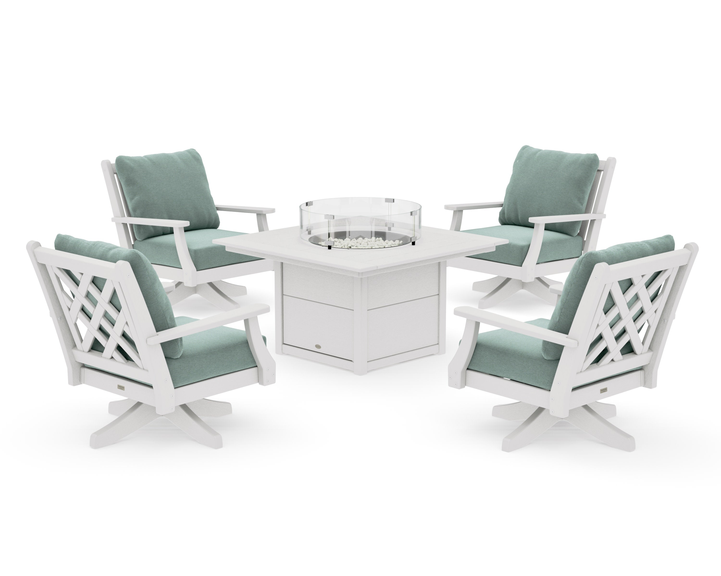 Wovendale 5-Piece Deep Seating Swivel Conversation Set with Fire Pit Table in Vintage White / Glacier Spa