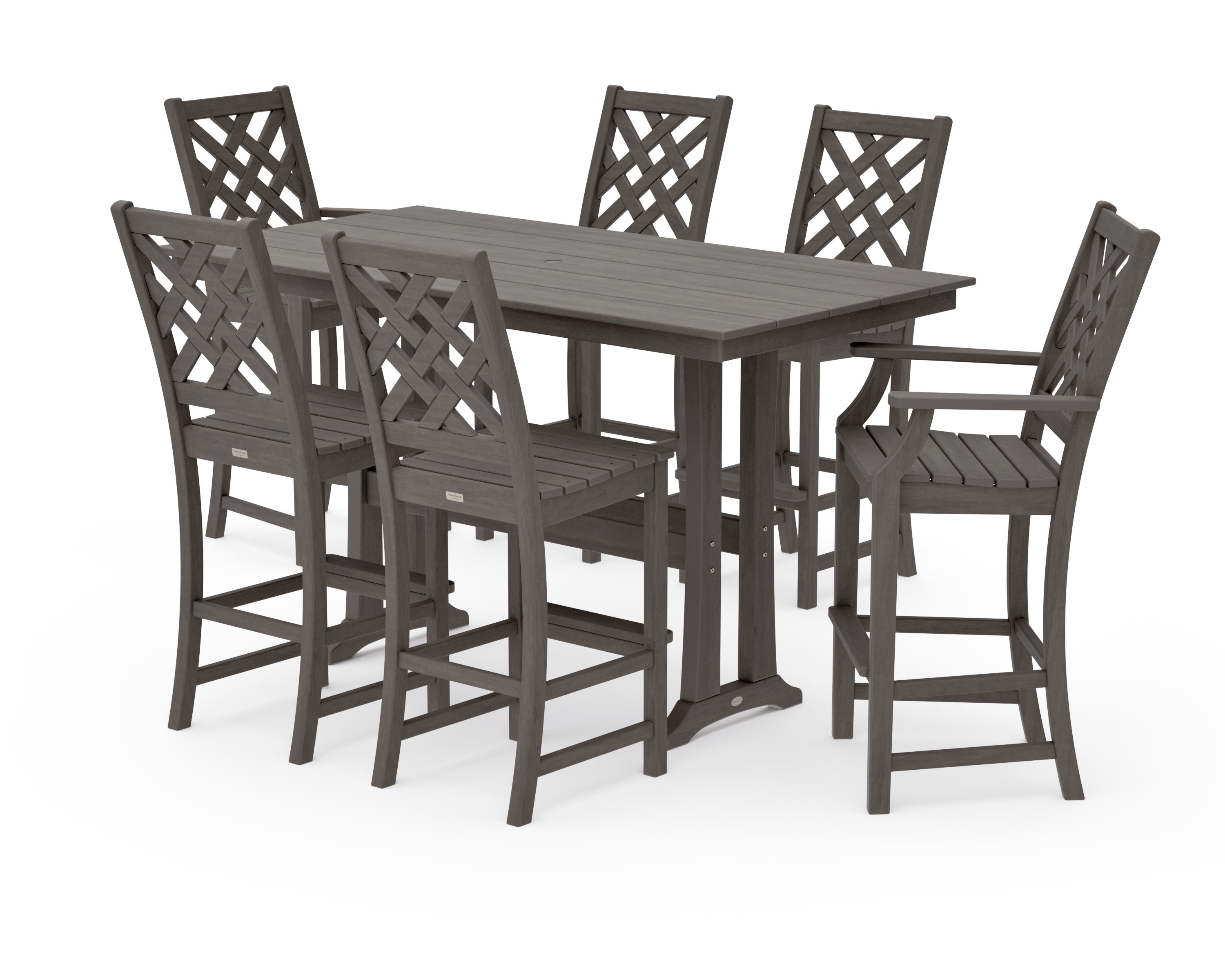 Wovendale 7-Piece Farmhouse Bar Set with Trestle Legs in Driftwood