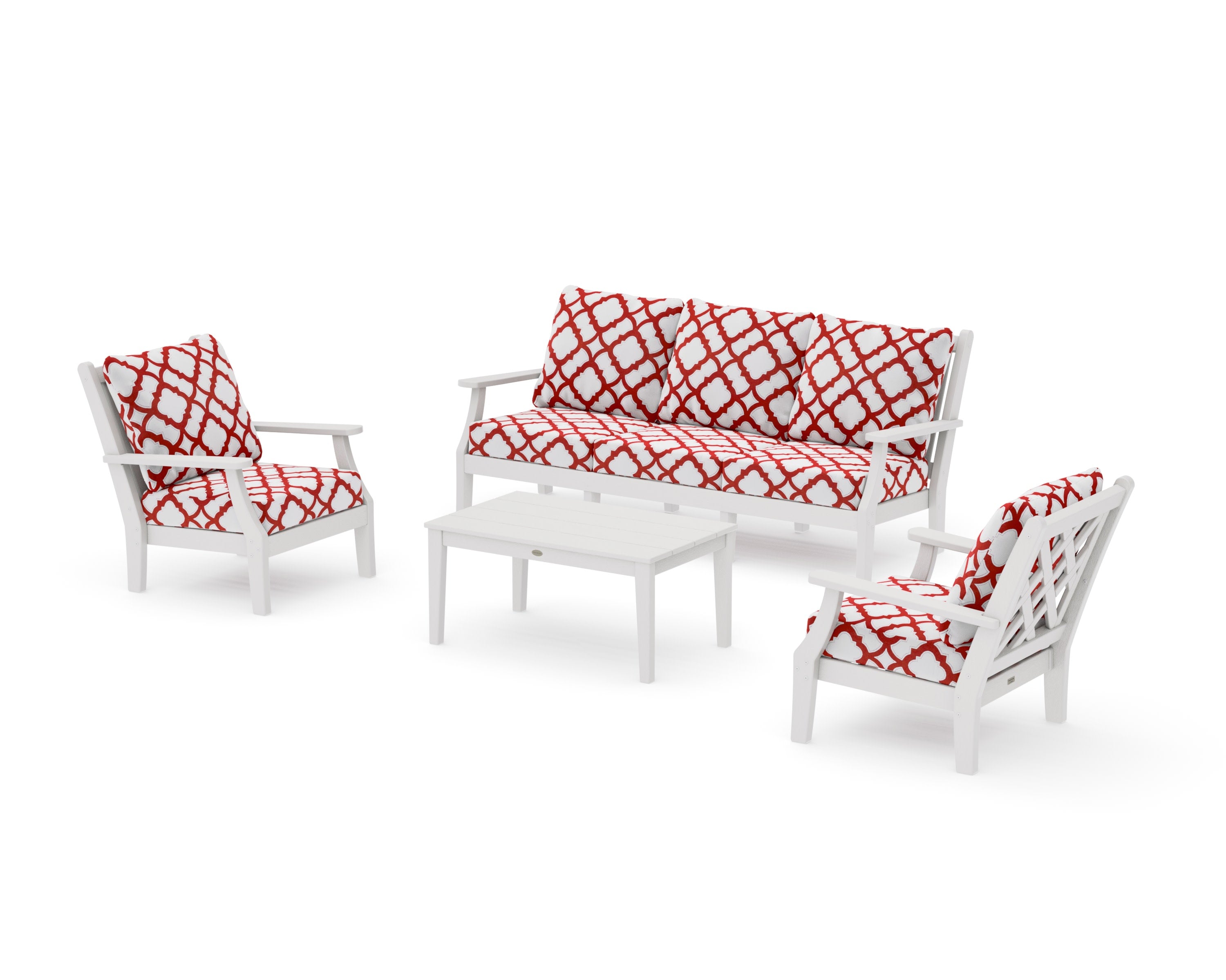 Wovendale 4-Piece Deep Seating Set with Sofa in Vintage White / Trellis Crimson
