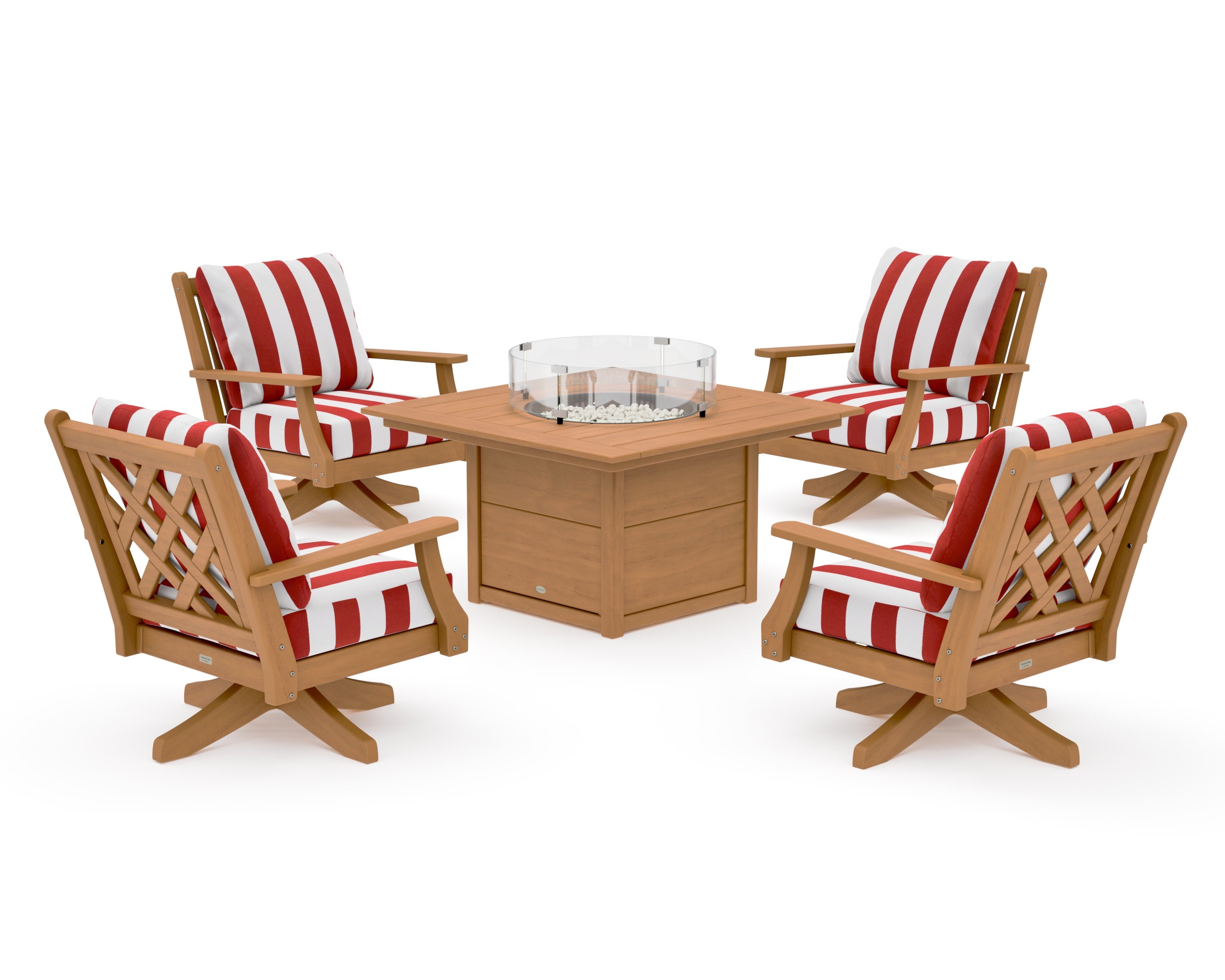 Wovendale 5-Piece Deep Seating Swivel Conversation Set with Fire Pit Table in Natural / Cabana Stripe Crimson