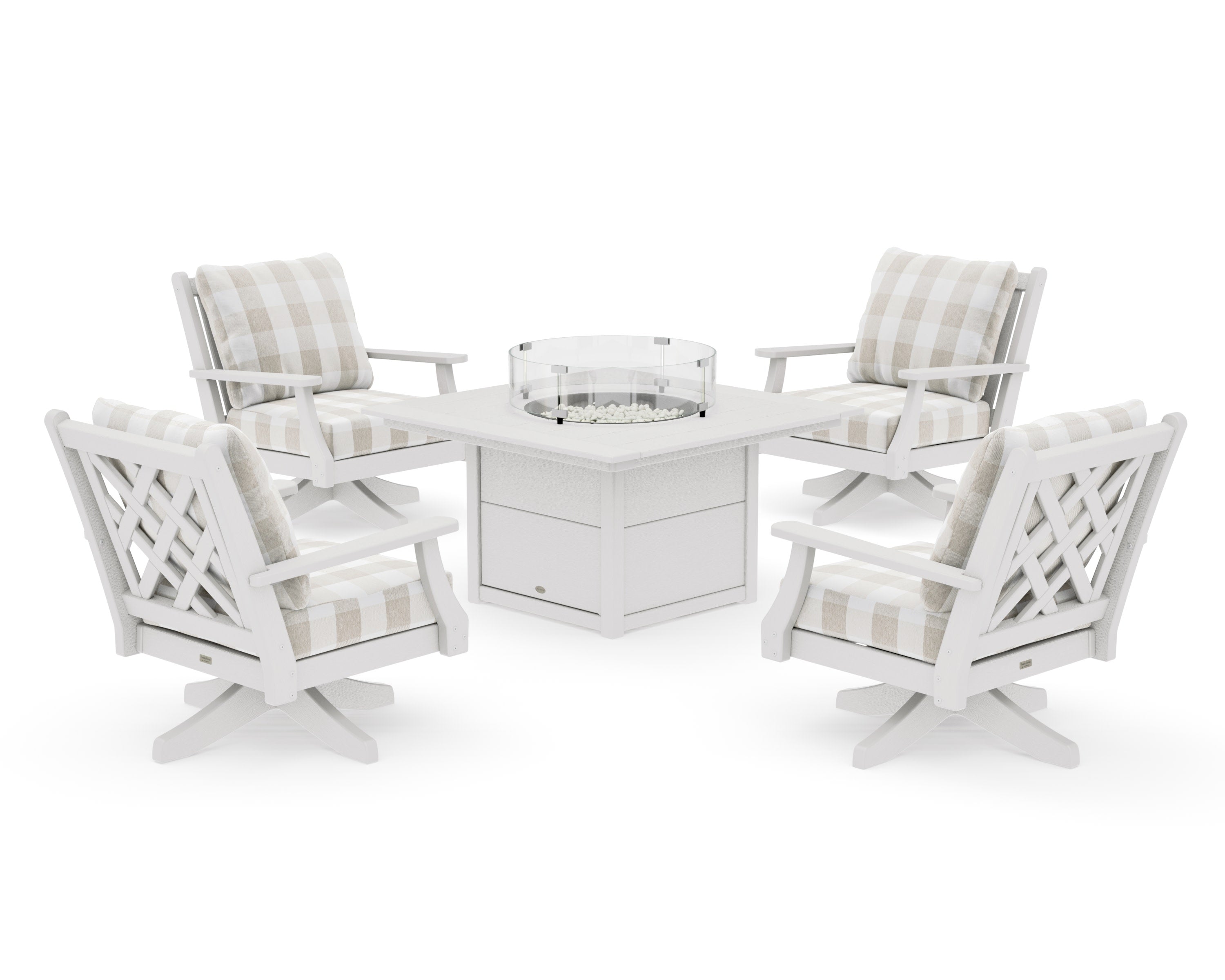 Wovendale 5-Piece Deep Seating Swivel Conversation Set with Fire Pit Table in Vintage White / Buffalo Plaid Dune Burlap