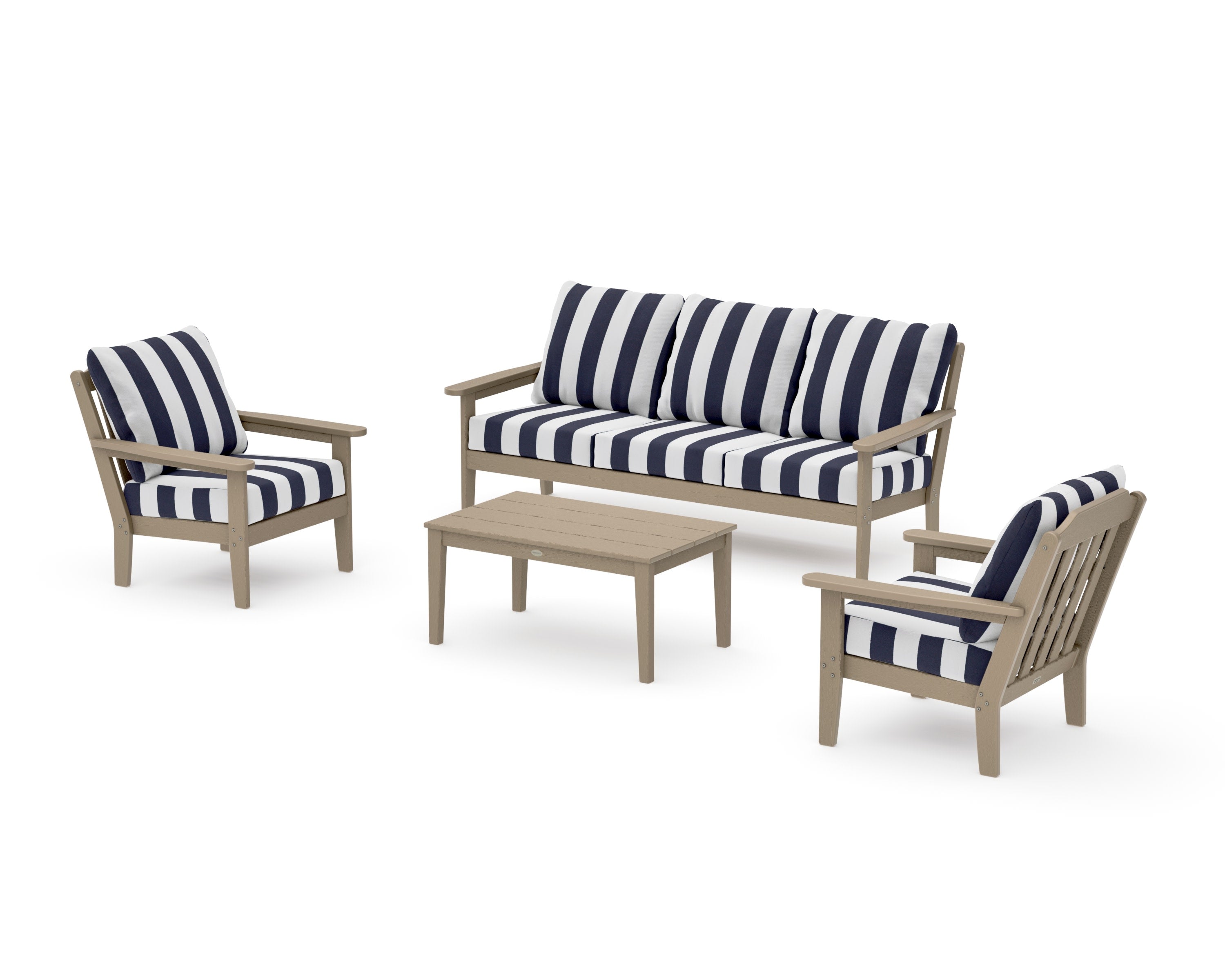 Cottage 4-Piece Deep Seating Set with Sofa in Vintage Sahara / Cabana Stripe Navy